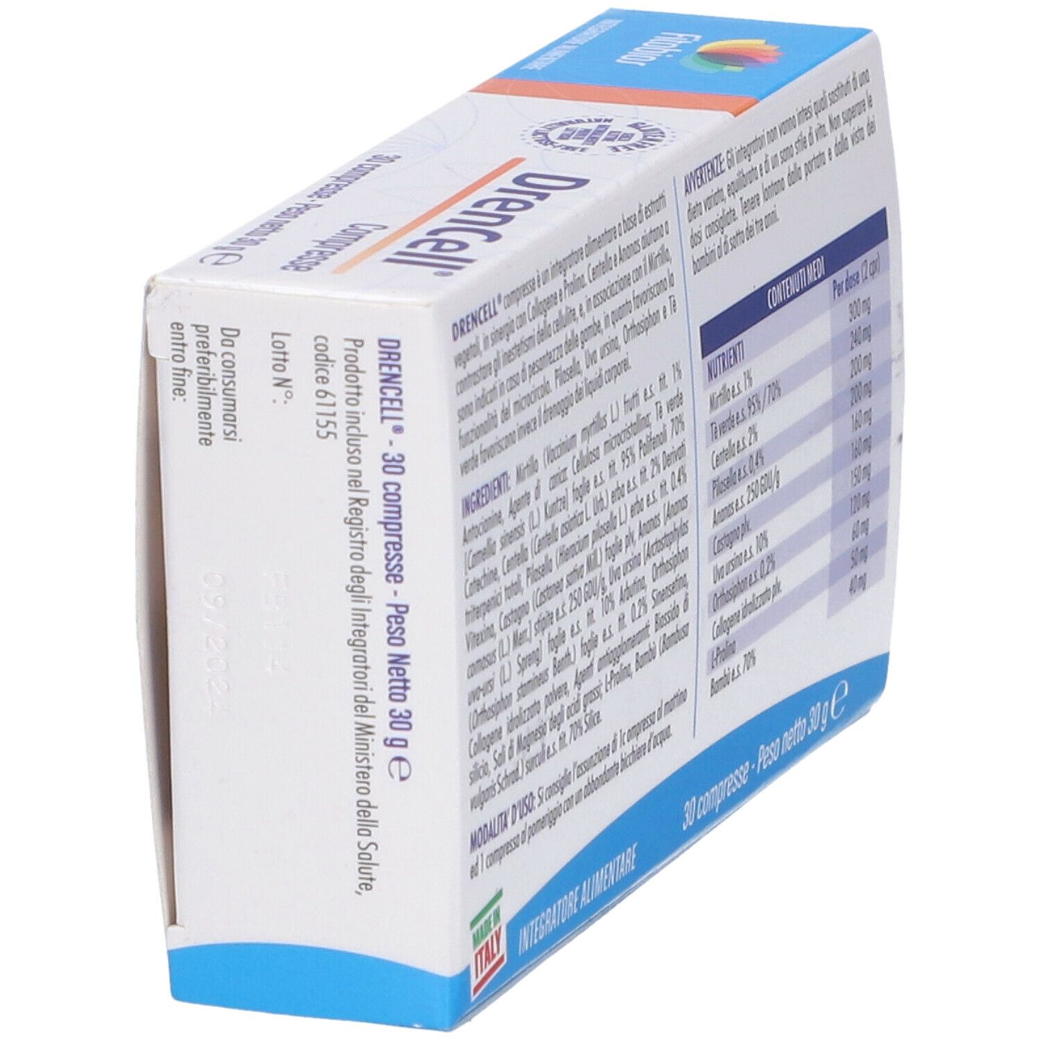 Scatola di compresse Fitobios Drencell. Informazioni e ingredienti del prodotto. 30 compresse.