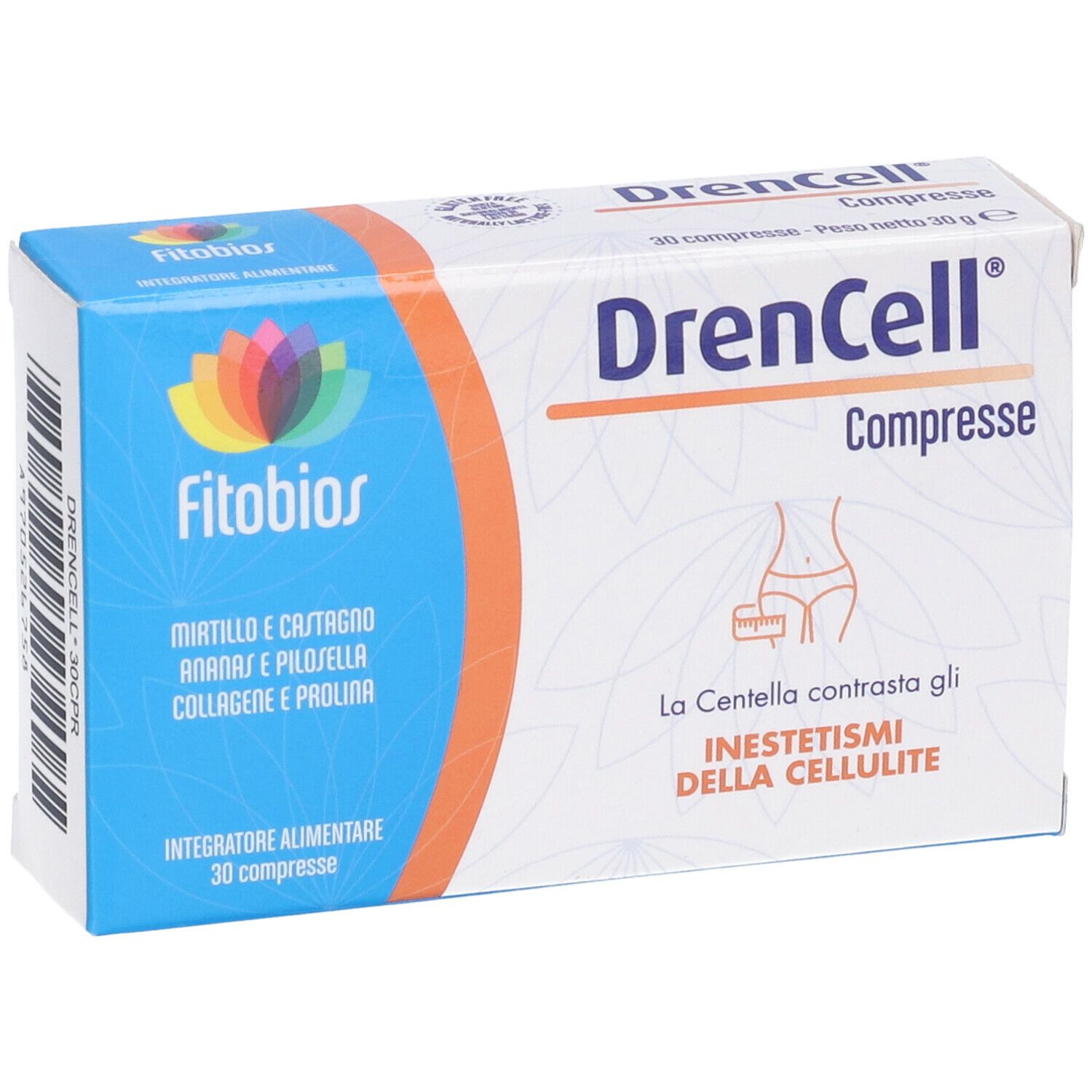 Scatola di compresse Fitobios Drencell. Design blu e bianco con nome del prodotto e informazioni. 30 compresse.