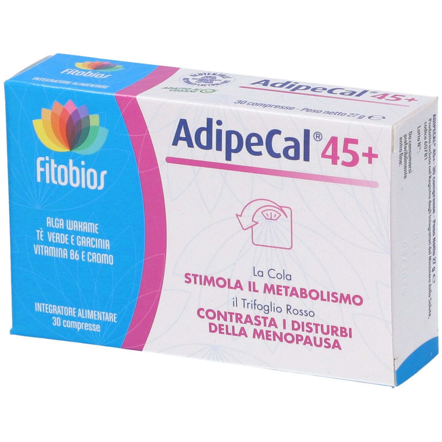 Scatola blu con testo bianco. Scritta: Adipecal 45+. Logo: Fitobios. Testo: Alga Wakame, La Cola, 30 compresse.