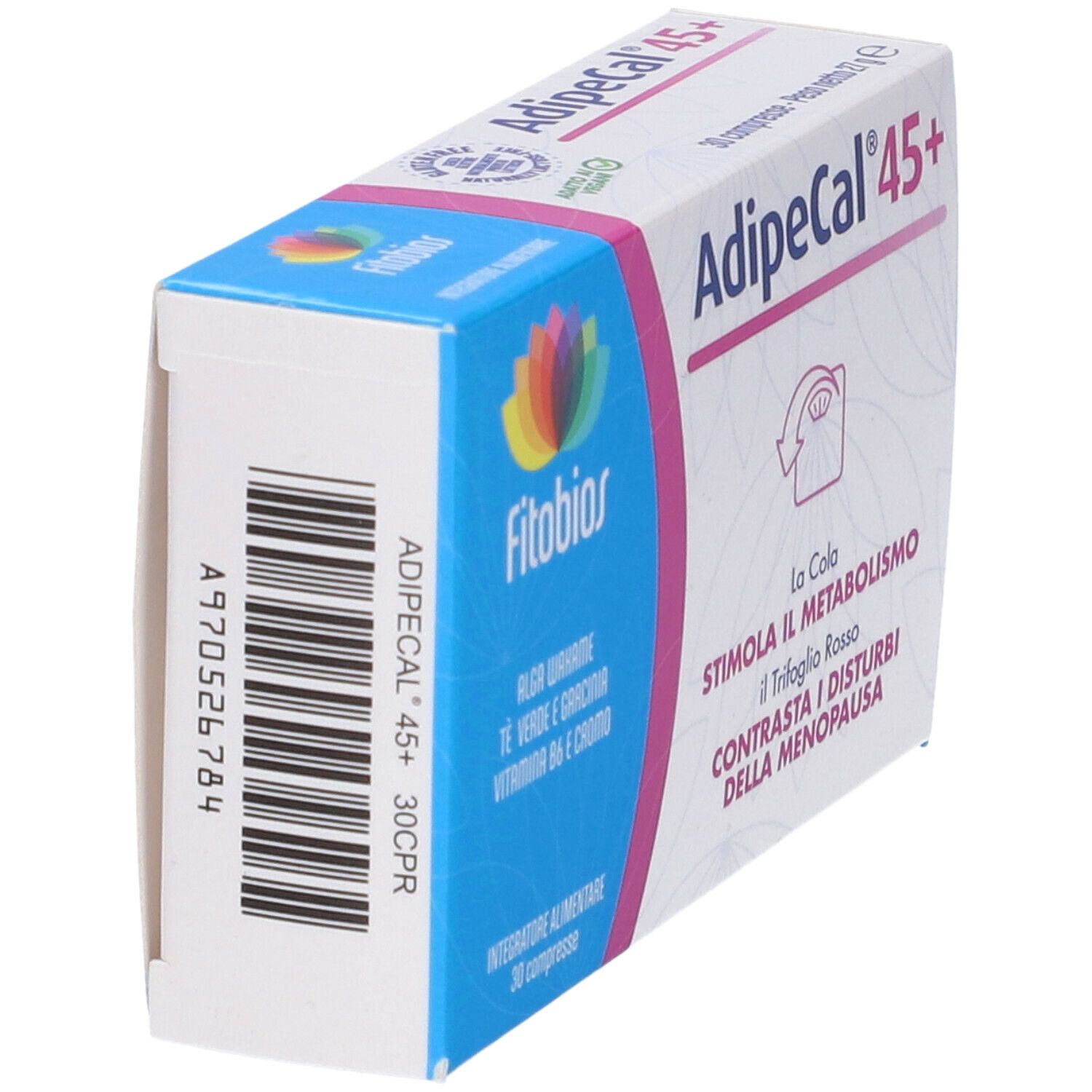 Scatola con testo bianco. Scritta: Adipecal 45+. Logo: Fitobios. Testo: Alga Wakame, La Cola, 30 compresse. Codice a barre e informazioni.