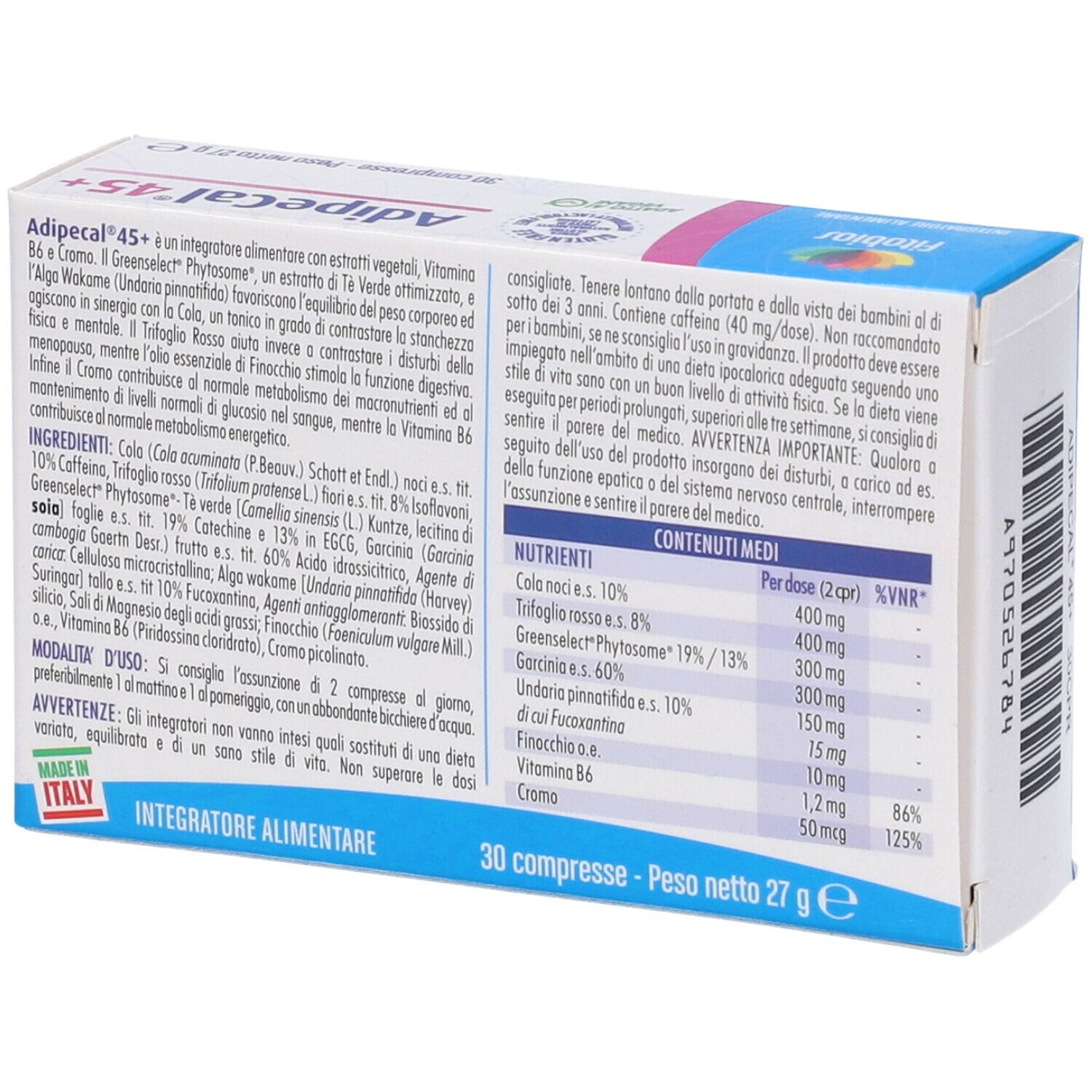 Scatola con testo bianco. Scritta: Adipecal 45+. Logo: Fitobios. Testo: Alga Wakame, La Cola, 30 compresse. Retro con ingredienti.