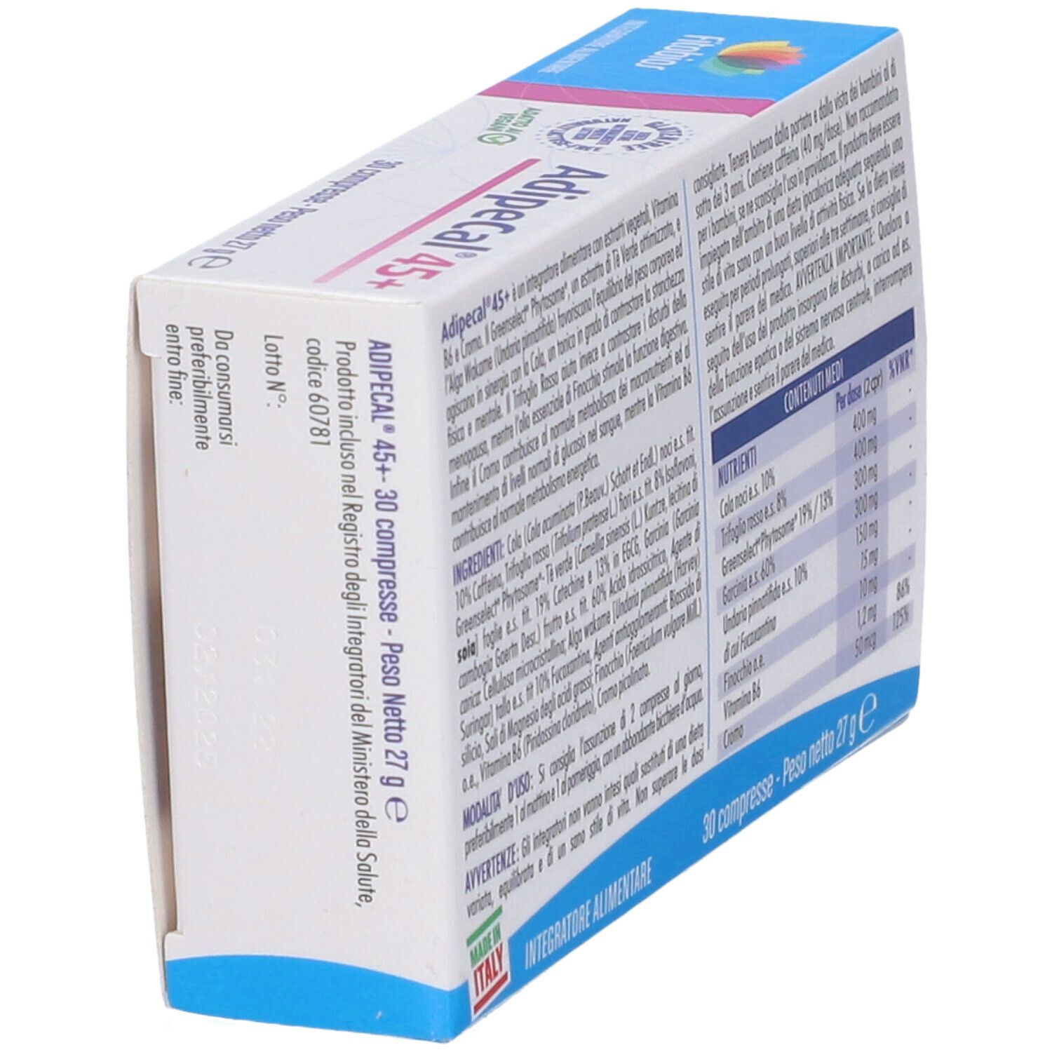 Scatola con testo bianco. Scritta: Adipecal 45+. Logo: Fitobios. Testo: Alga Wakame, La Cola, 30 compresse. Retro con ingredienti.