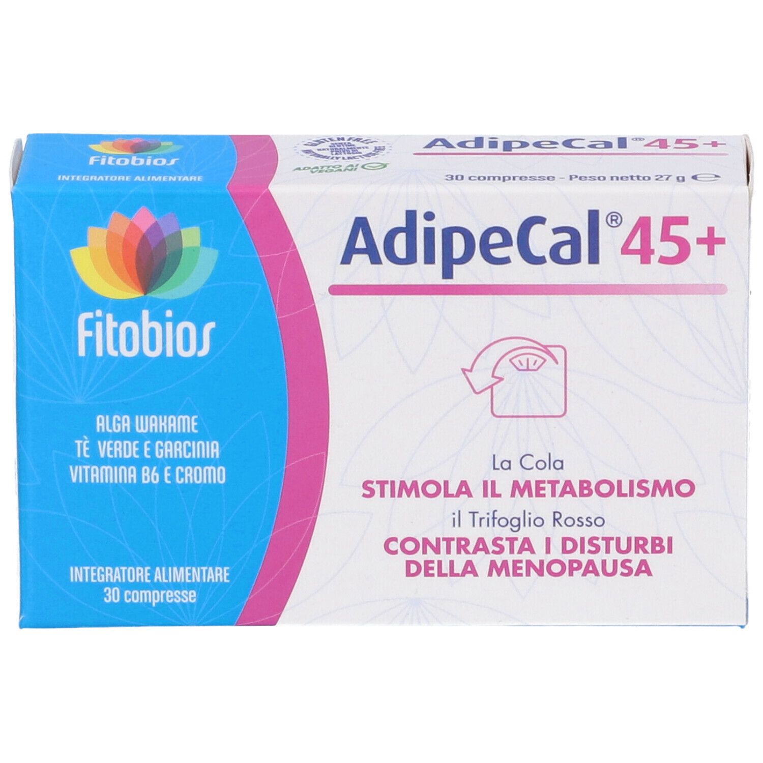 Scatola blu con testo bianco. Scritta: Adipecal 45+. Logo: Fitobios. Testo: Alga Wakame, La Cola, 30 compresse.