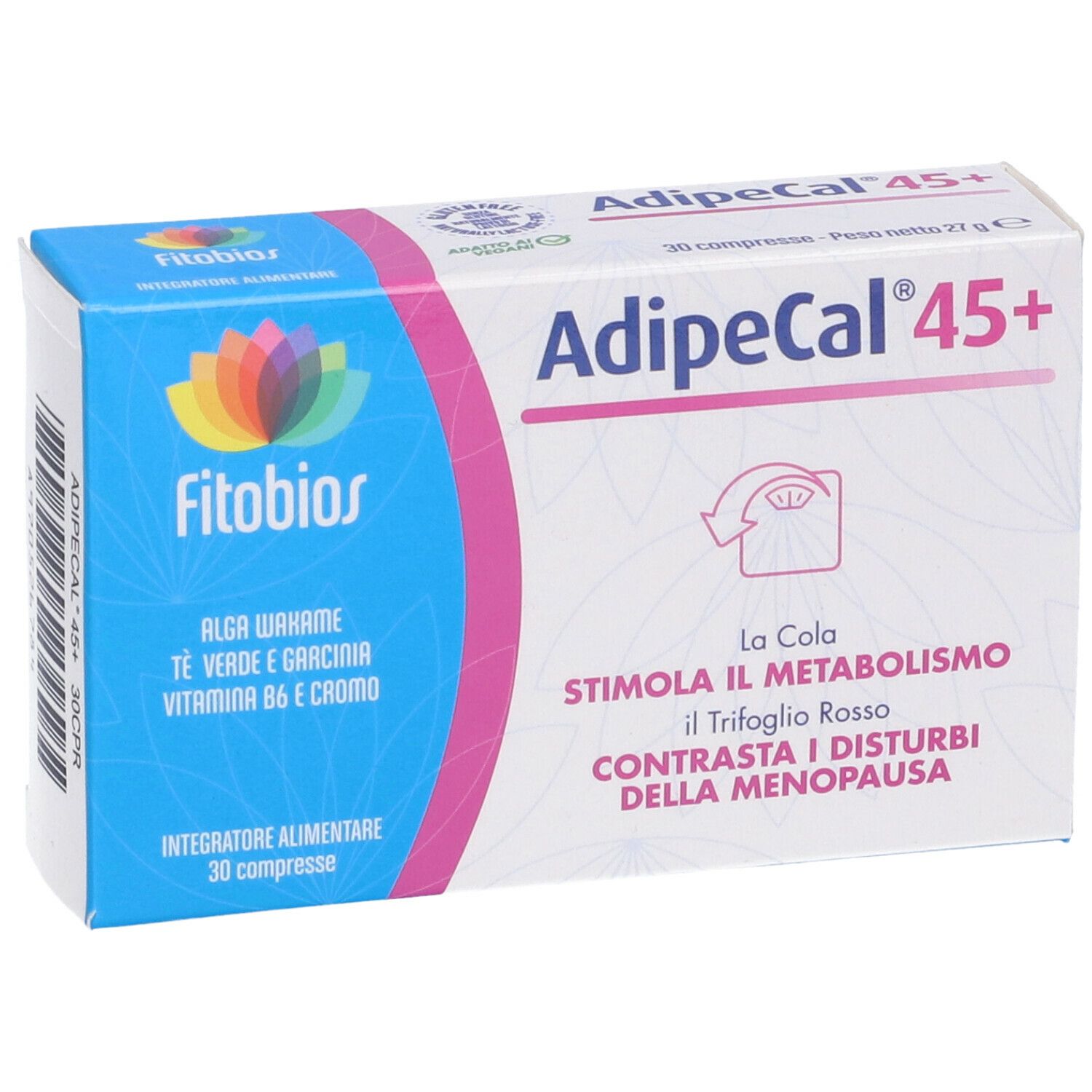 Scatola blu con testo bianco. Scritta: Adipecal 45+. Logo: Fitobios. Testo: Alga Wakame, La Cola, 30 compresse.
