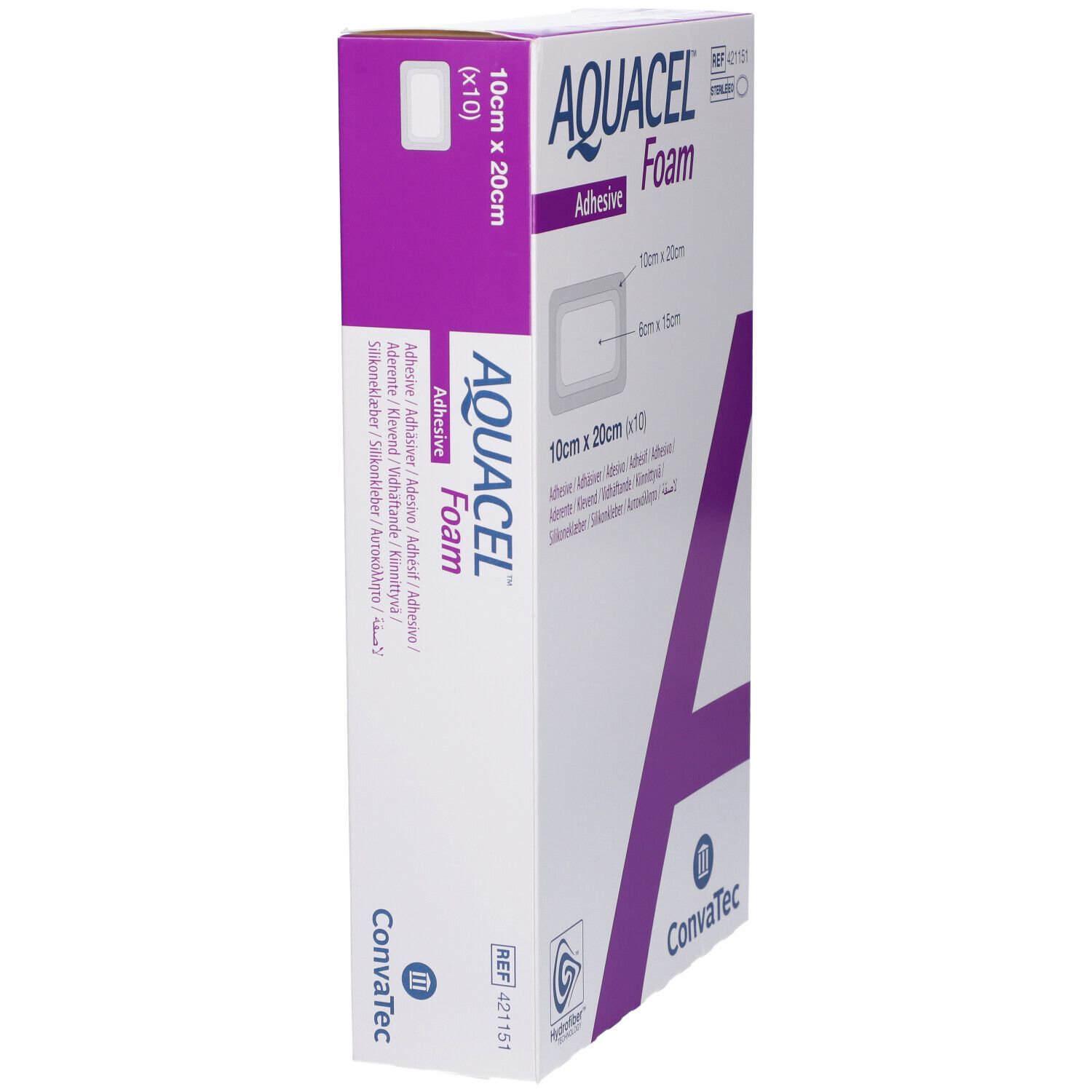 Confezione AQUACEL Foam Adhesive, 10x20cm. Scatola bianca con elementi viola. Nome e dimensioni del prodotto visibili.