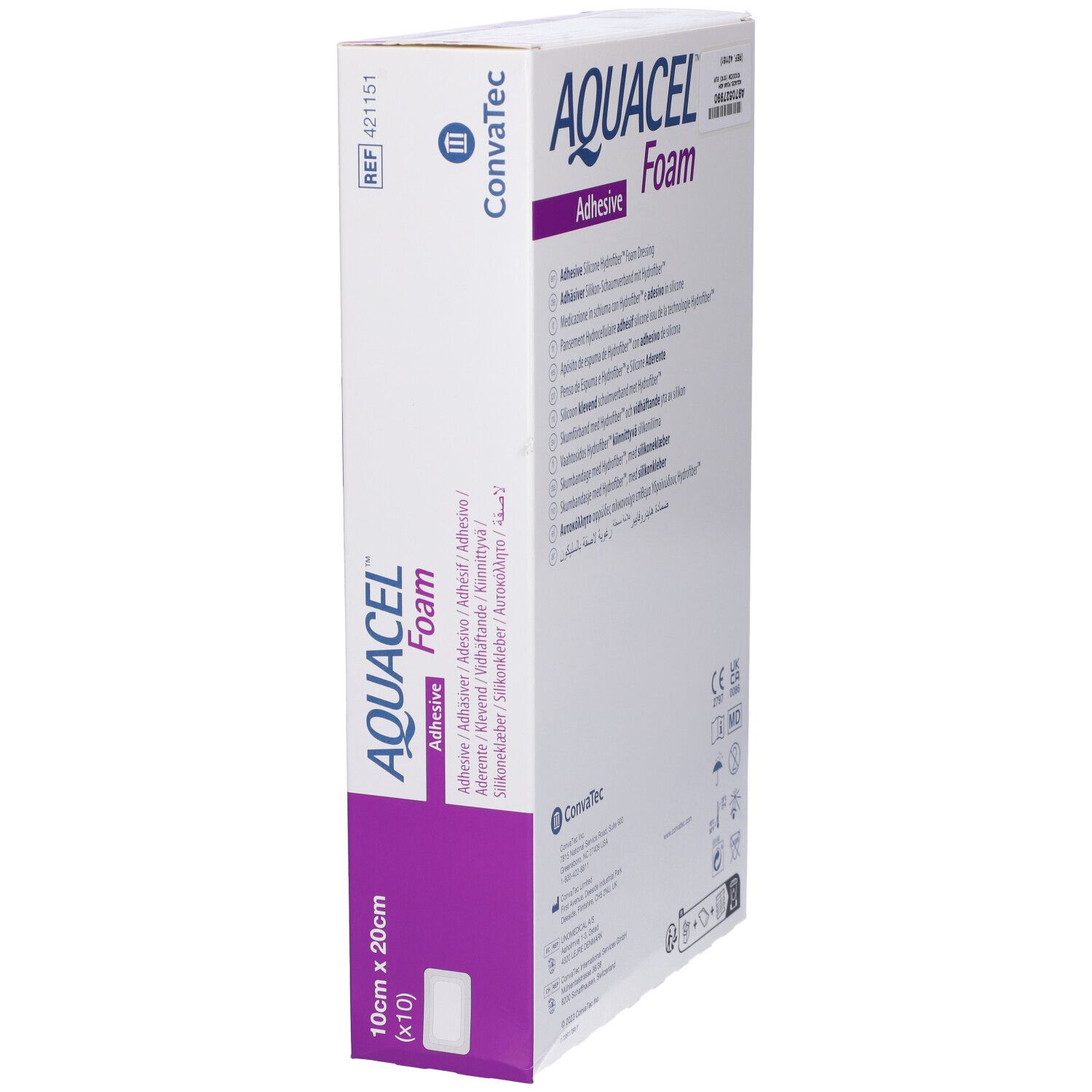 Confezione AQUACEL Foam Adhesive, 10x20cm. Scatola bianca con dettagli viola. Nome e dimensioni del prodotto visibili.