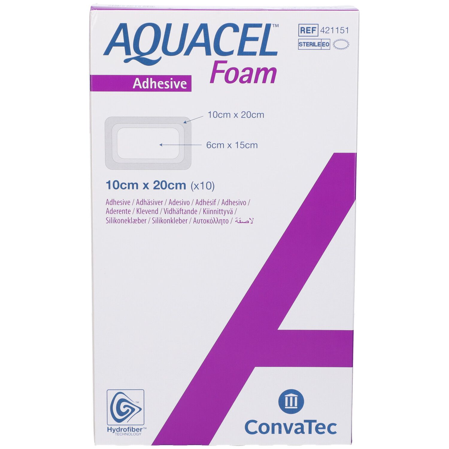 Confezione di AQUACEL Foam Adhesive, 10x20cm. Scatola bianca con dettagli viola. Nome del prodotto e dimensioni ben visibili.