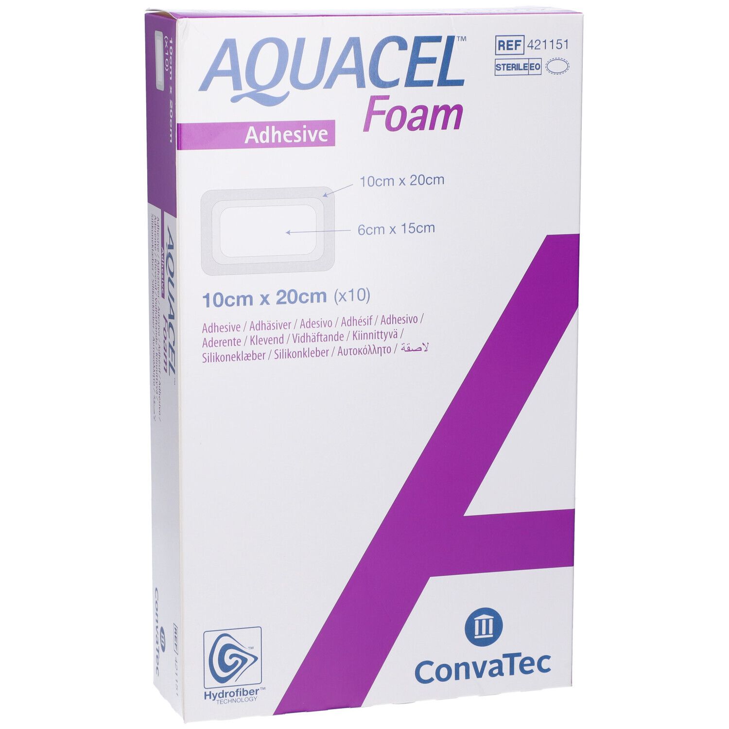Confezione di AQUACEL Foam Adhesive, 10x20cm. Scatola bianca con dettagli viola. Nome del prodotto e dimensioni ben visibili.