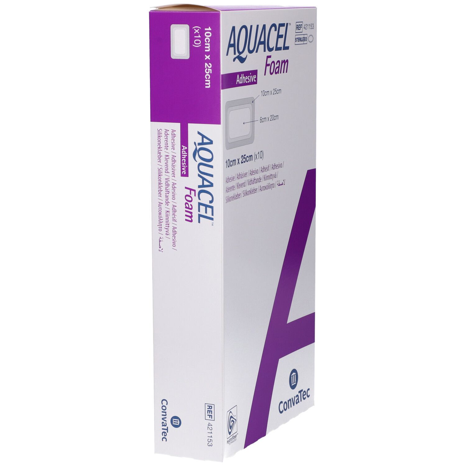 Confezione AQUACEL Foam, 10cm x 25cm. Scritte: Adhesive, ConvaTec. Nome del prodotto e dimensioni. Confezione sterile.
