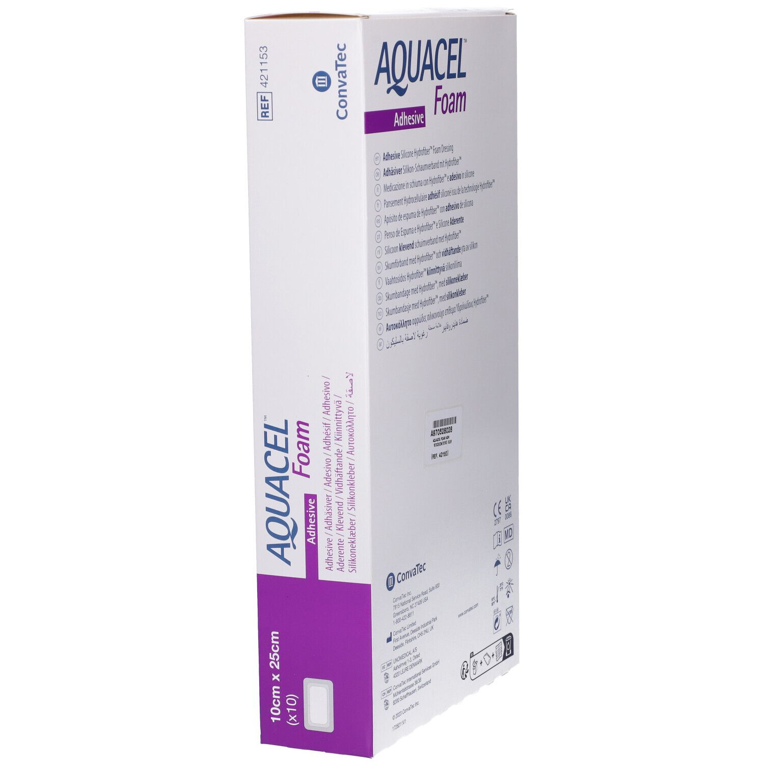 Confezione AQUACEL Foam, 10cm x 25cm. Scritte: Adhesive, ConvaTec. Nome del prodotto e dimensioni. Confezione sterile.