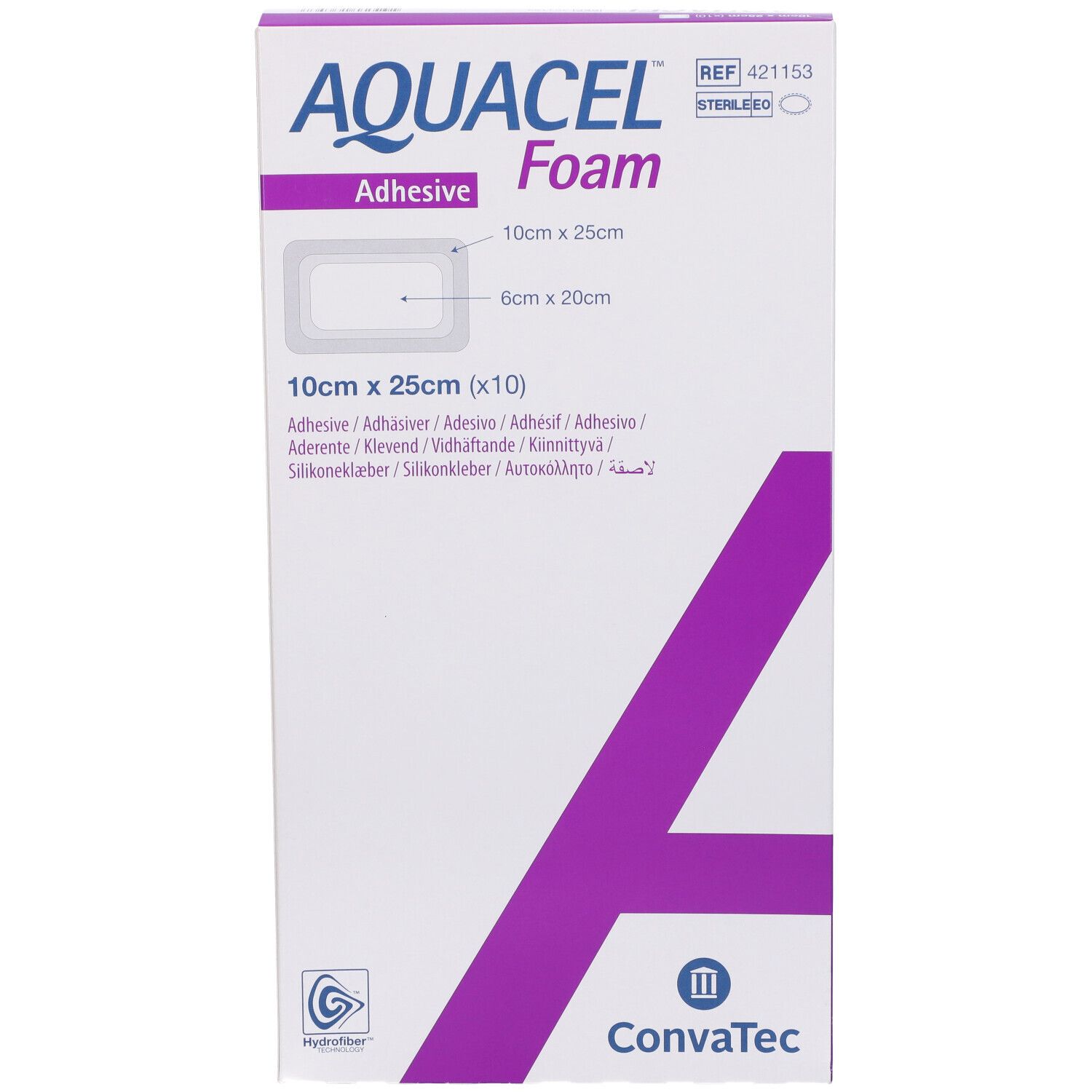Confezione AQUACEL Foam, 10cm x 25cm. Scritte: Adhesive, ConvaTec, Hydrofiber, sterile. Dimensioni e nome del prodotto.