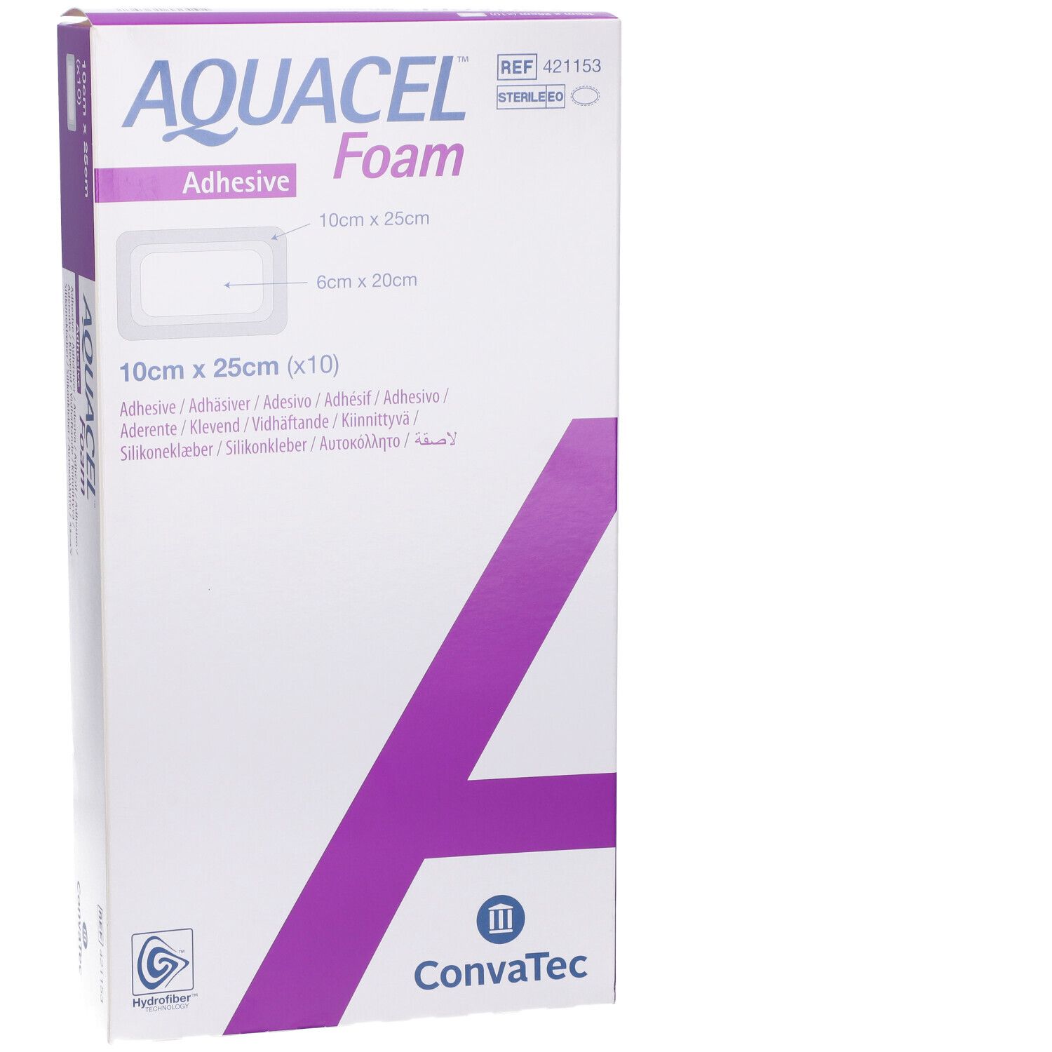 Confezione AQUACEL Foam, 10cm x 25cm. Scritte: Adhesive, ConvaTec, Hydrofiber, sterile. Dimensioni e nome del prodotto.