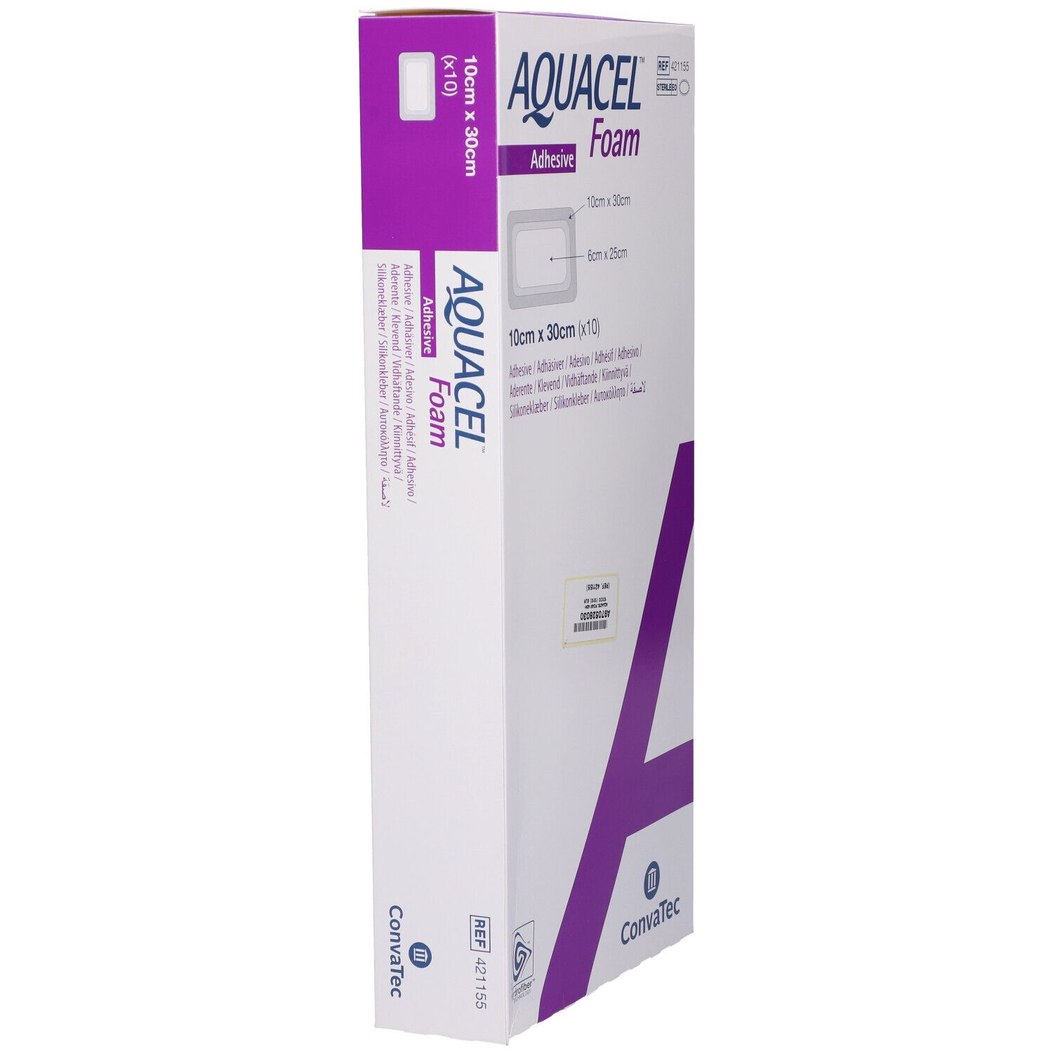 Confezione AQUACEL Foam Adhesive. Dimensioni 10x30cm. Logo Convatec. Scritte multilingue.