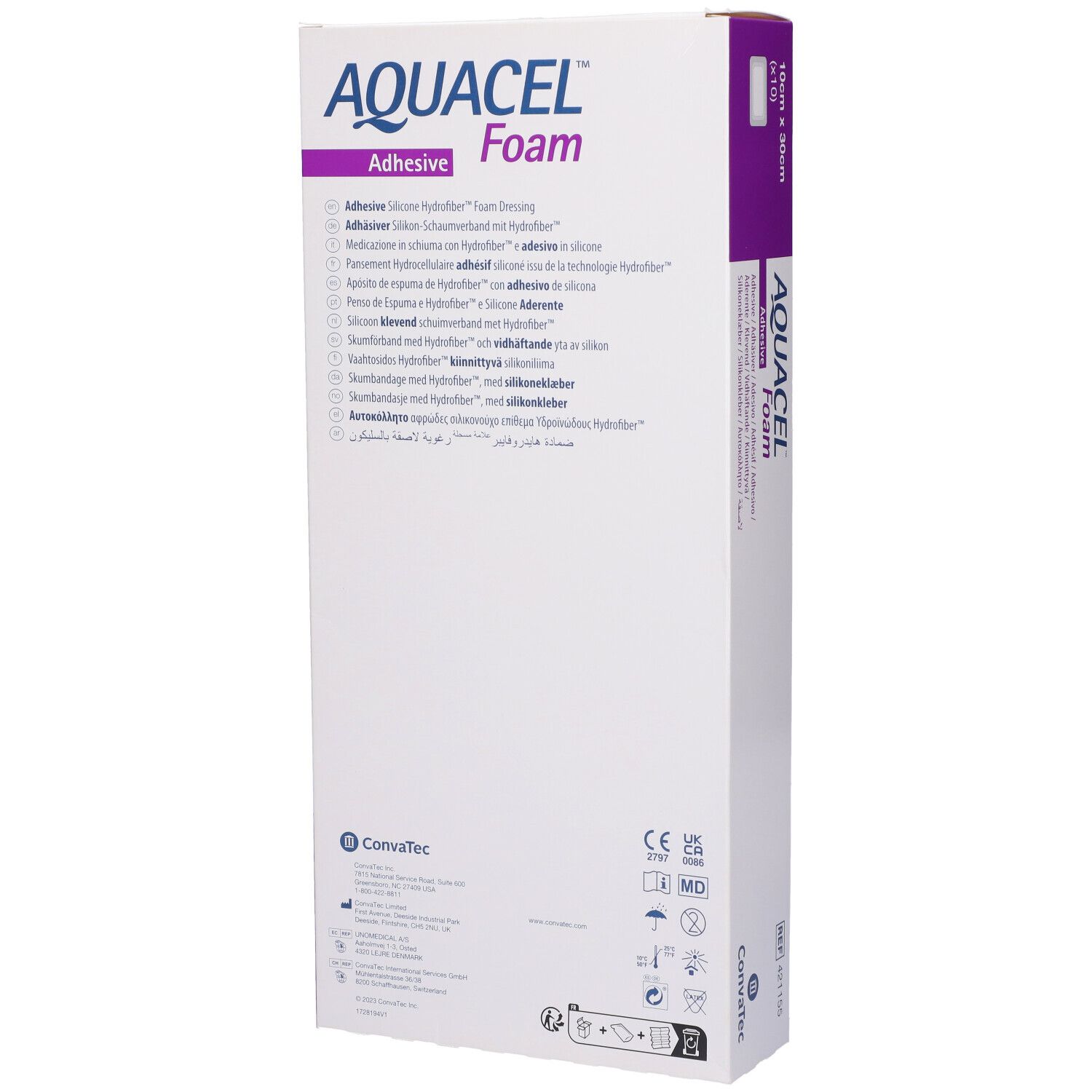 Confezione AQUACEL Foam Adhesive. Dimensioni 10x30cm. Logo Convatec. Scritte multilingue.