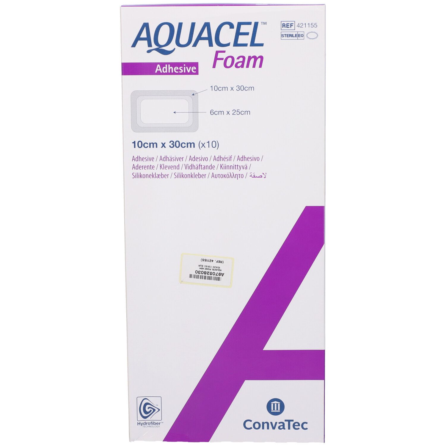 Confezione AQUACEL Foam Adhesive. Dimensioni 10x30cm. Logo Convatec. Scritte multilingue.