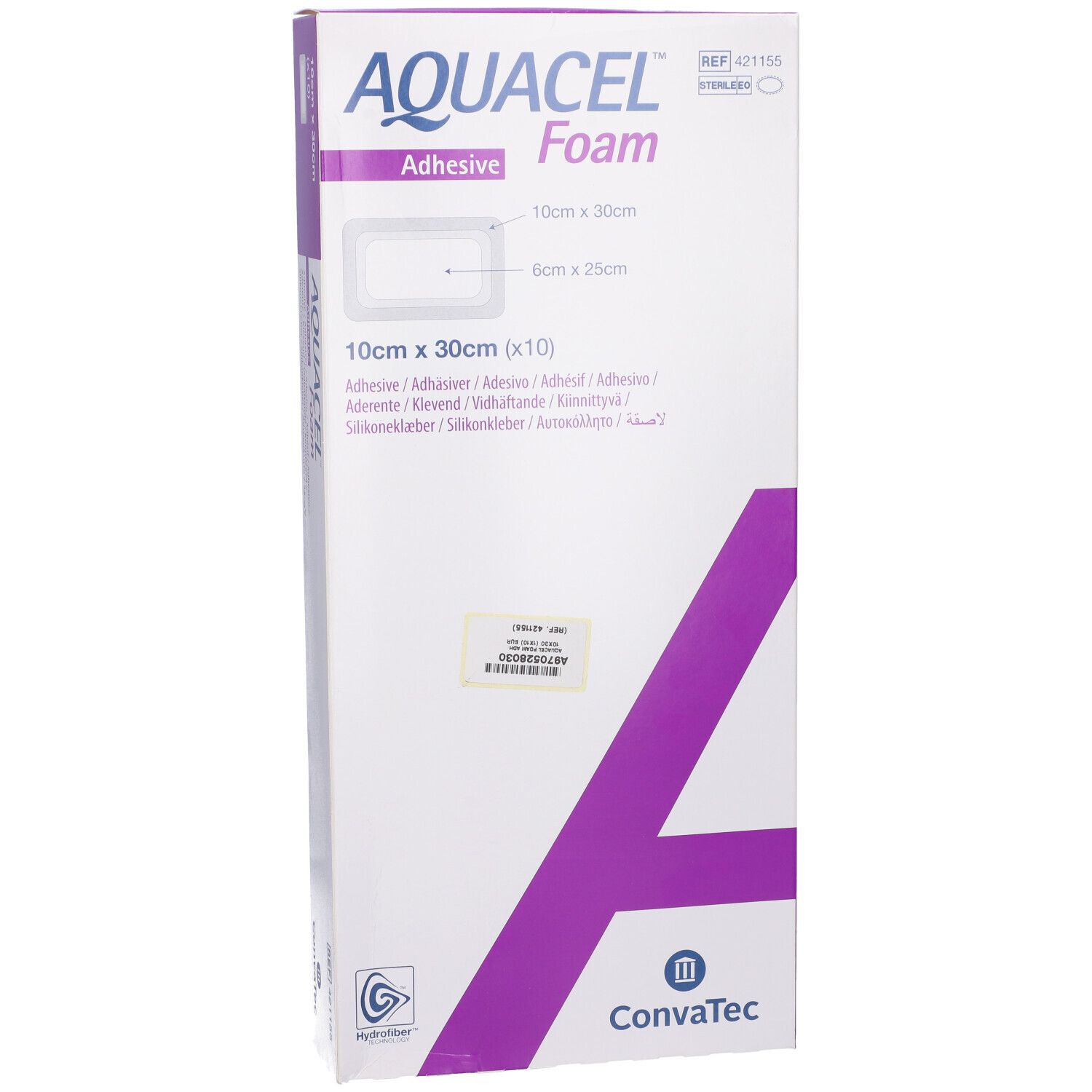 Confezione AQUACEL Foam Adhesive. Dimensioni 10x30cm. Logo Convatec. Scritte multilingue.
