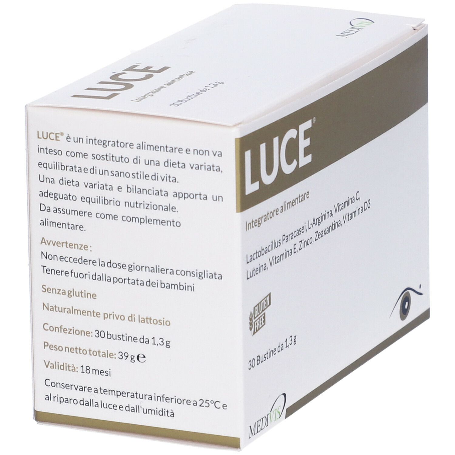 Scatola "LUCE" con testo. Contiene 30 bustine. Testo: Senza glutine, senza lattosio. Validità: 18 mesi.