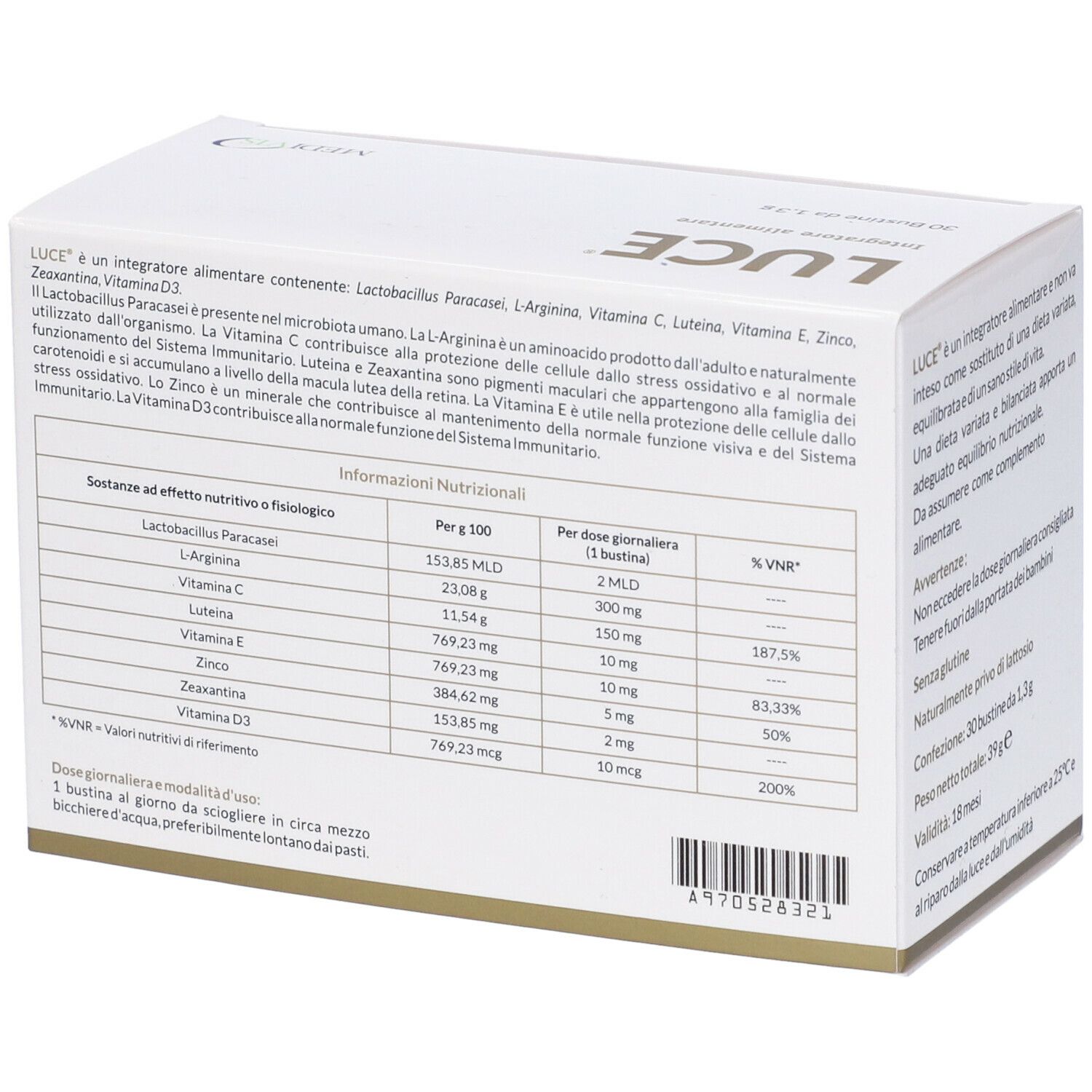 Retro della scatola "LUCE". Contiene informazioni sugli ingredienti e i valori nutrizionali per porzione.