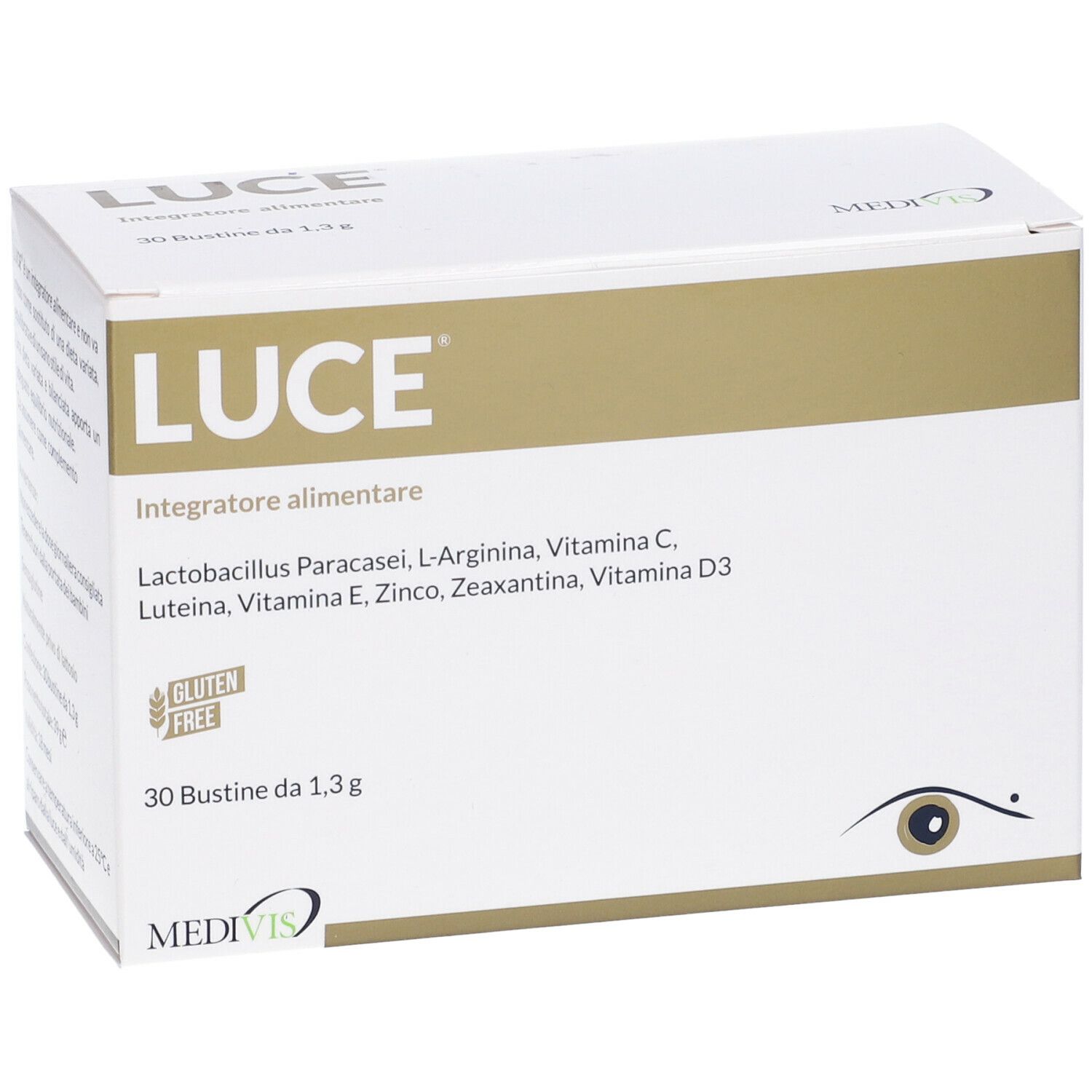 Scatola "LUCE" con ingredienti. Contiene 30 bustine. Scritta: Senza glutine. Marchio: MEDIVIS.