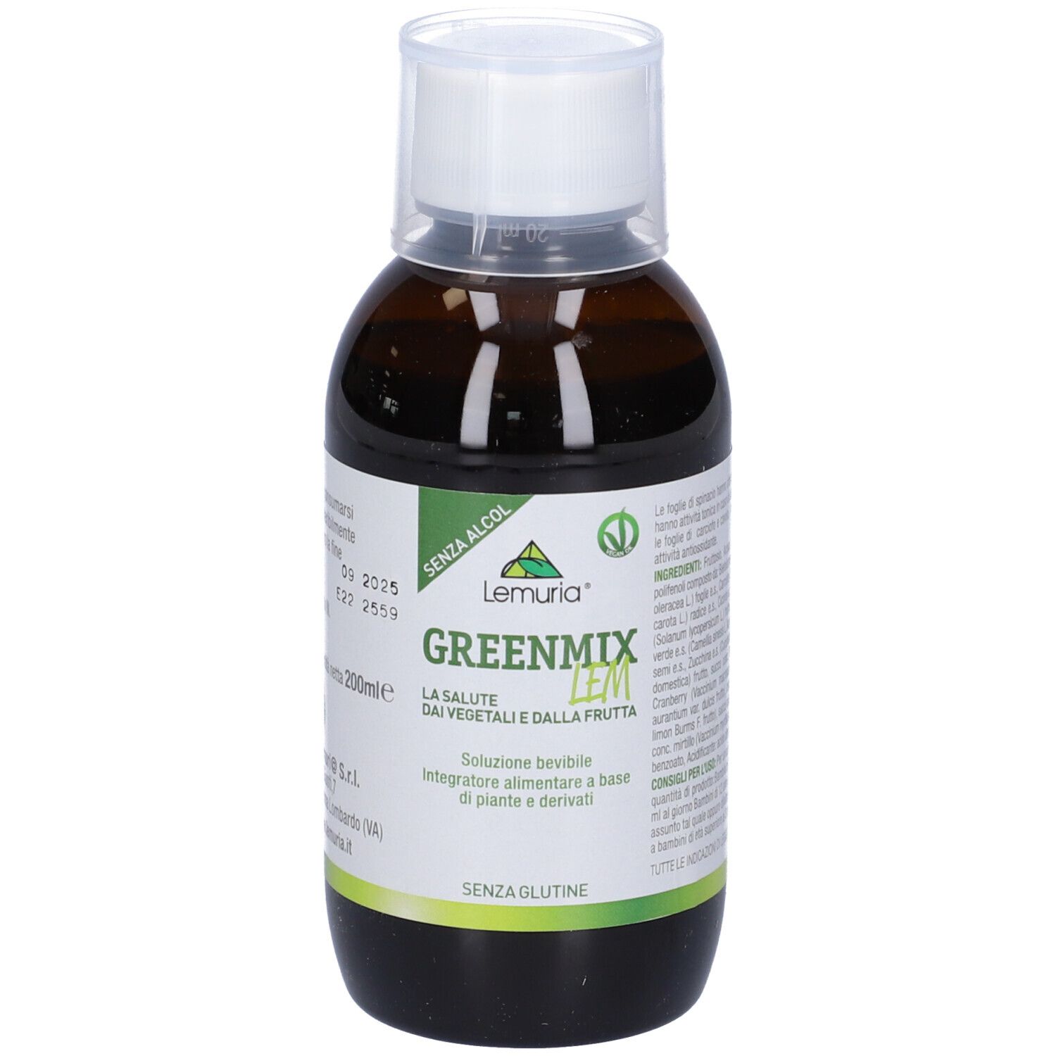 Bottiglia marrone di Greenmixlem con tappo bianco. Scritte: Senza glutine, 200ml. Con nome del prodotto e logo.