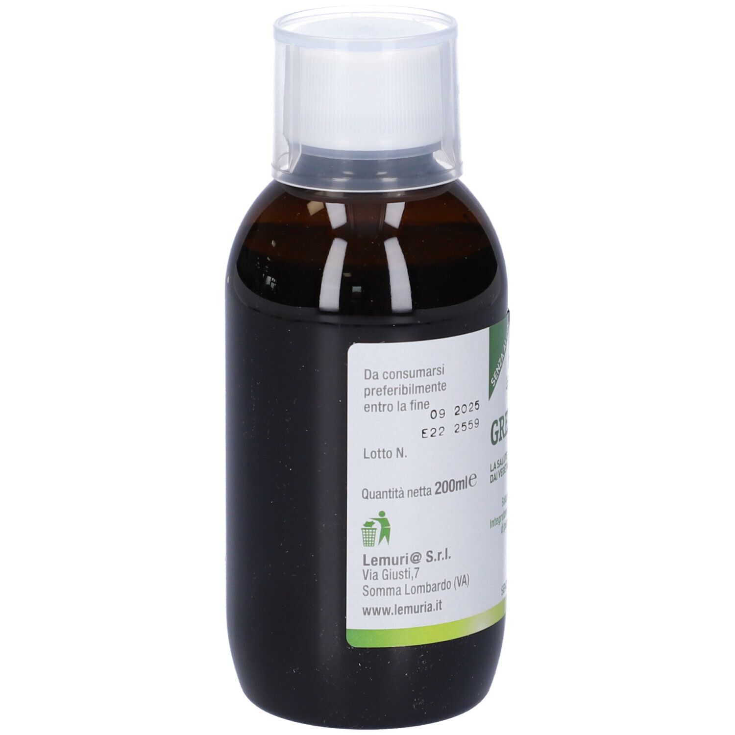 Retro della bottiglia Greenmixlem. Scritte: Data di scadenza, 200ml, indirizzo del produttore, nome del prodotto.