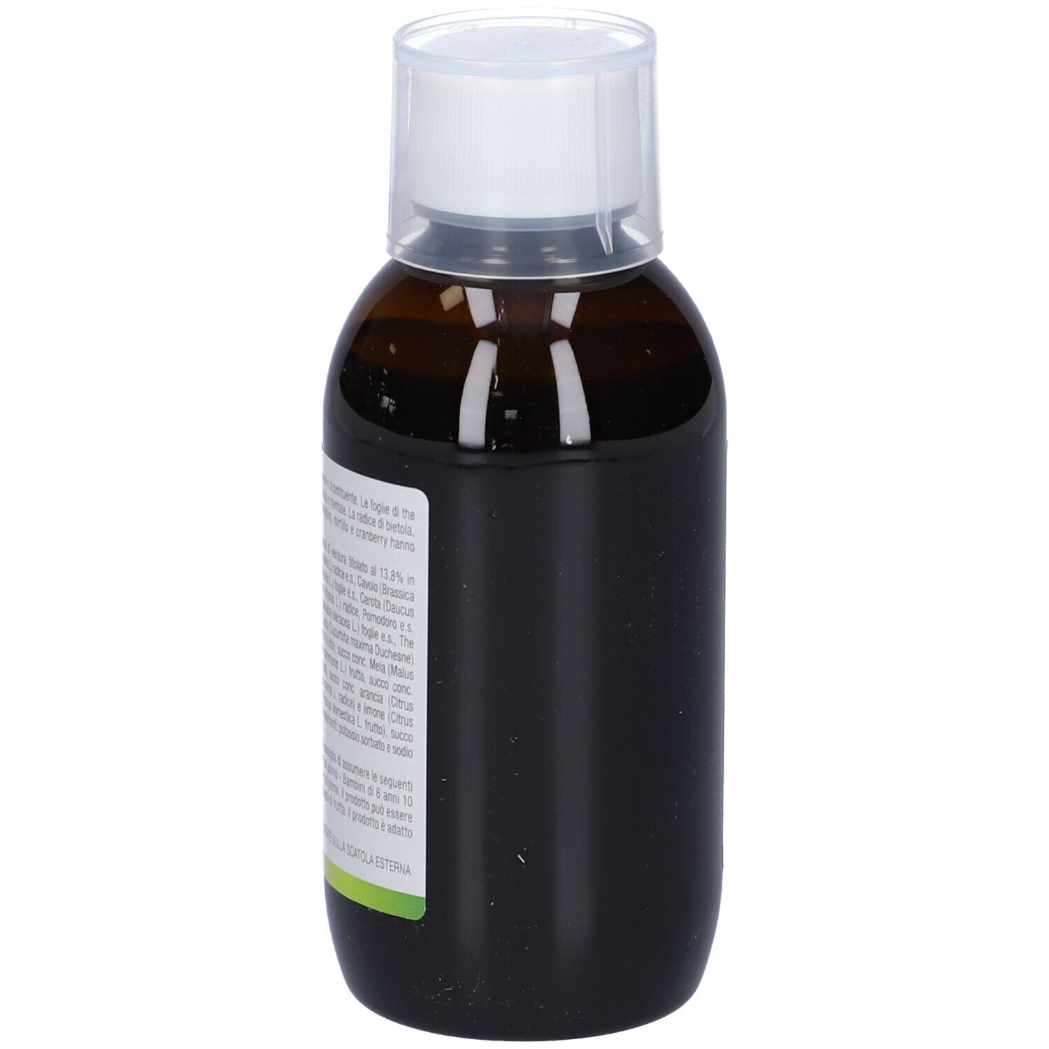 Retro della bottiglia Greenmixlem. Scritte: Data di scadenza, 200ml, indirizzo del produttore, nome del prodotto.