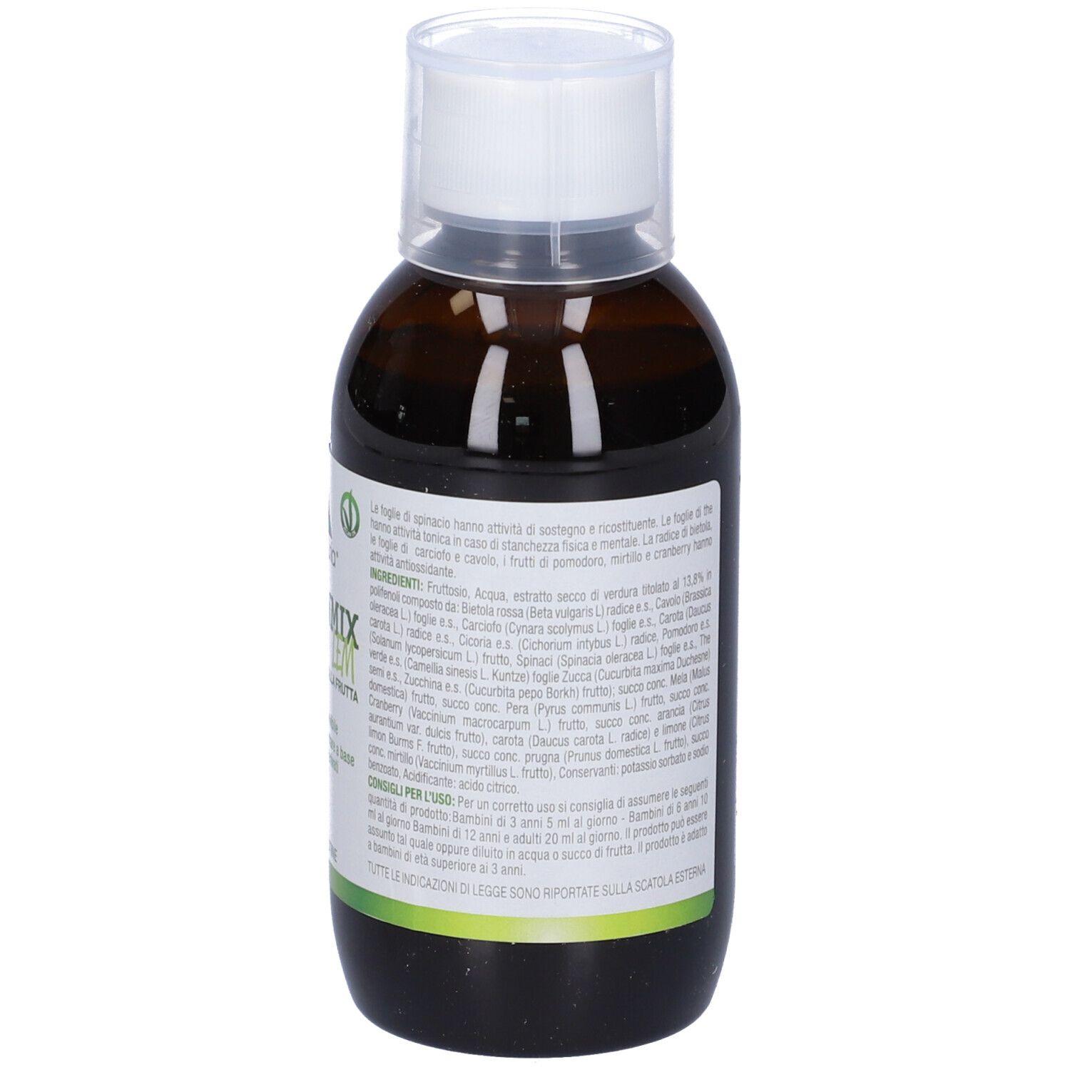 Retro della bottiglia Greenmixlem. Scritte: Elenco ingredienti, istruzioni per l'uso, nome del prodotto, 200ml.