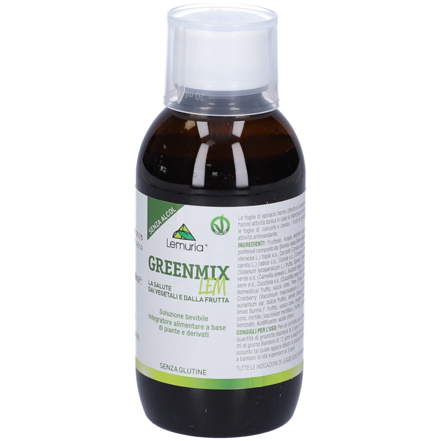 Bottiglia marrone di Greenmixlem con tappo bianco. Scritte: Senza glutine, 200ml. Con nome del prodotto e logo.