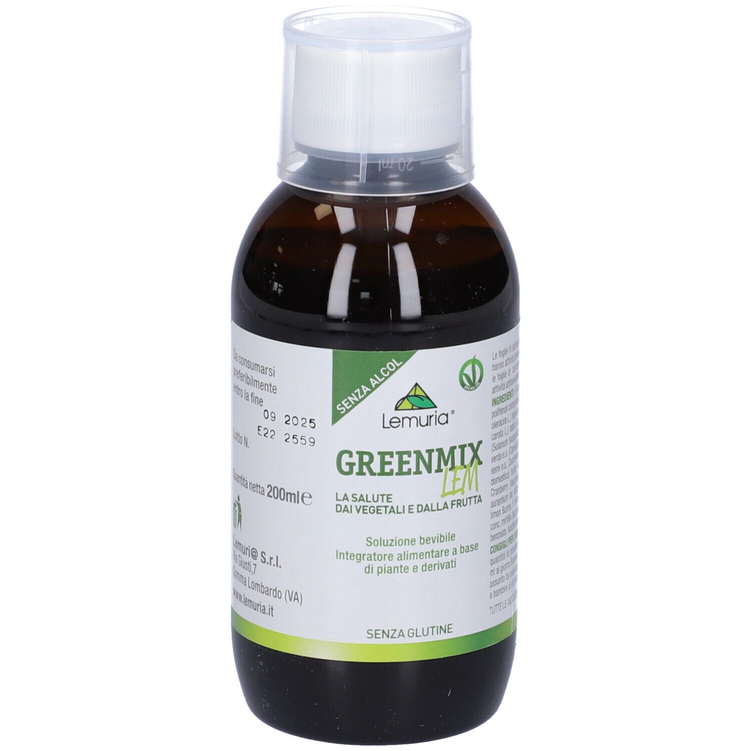 Bottiglia marrone di Greenmixlem con tappo bianco. Scritte: Data di scadenza, 200ml, nome del prodotto.