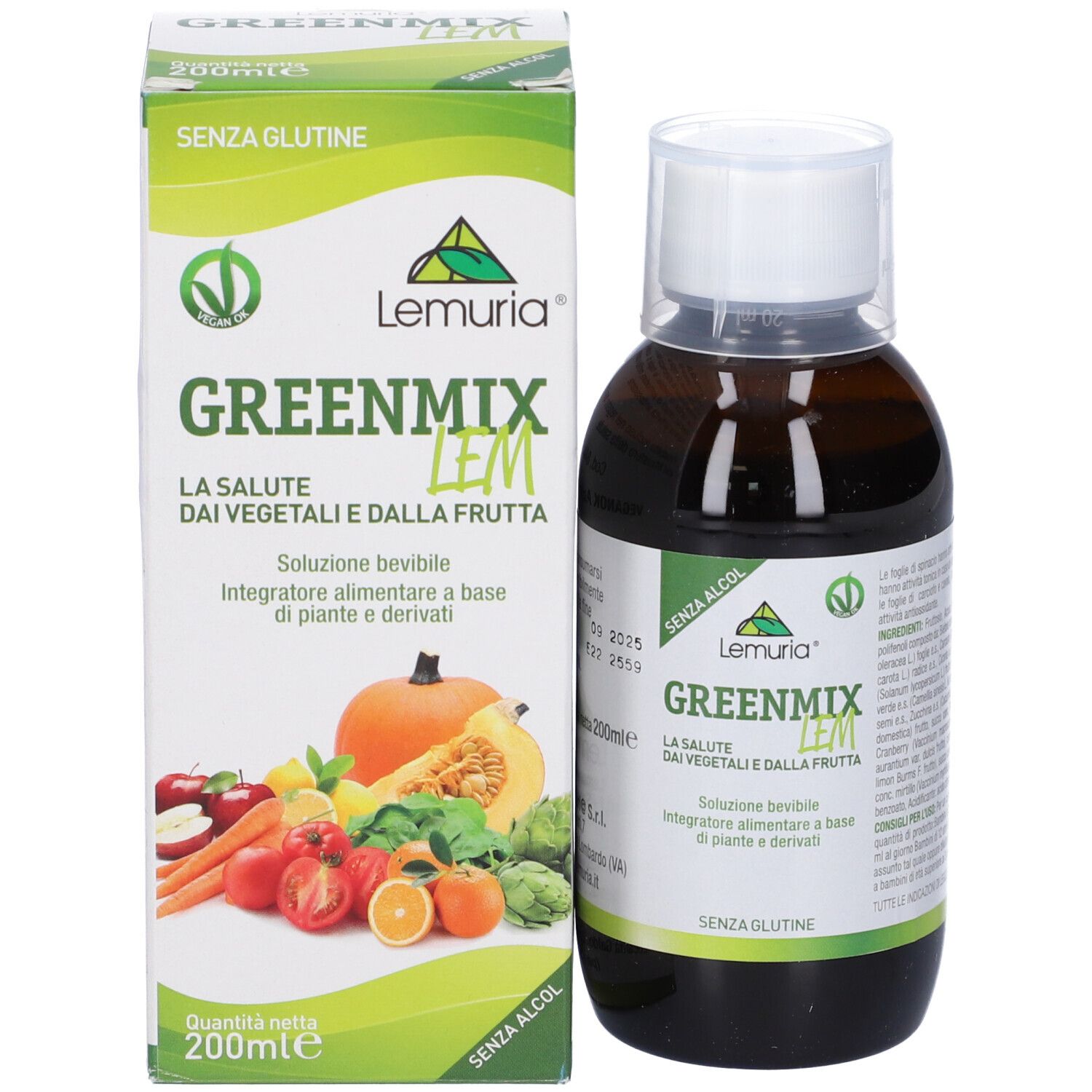 Bottiglia e scatola di Greenmixlem. Scritte: Senza glutine, verdure e frutta, 200ml. Con illustrazione di verdure e frutta.