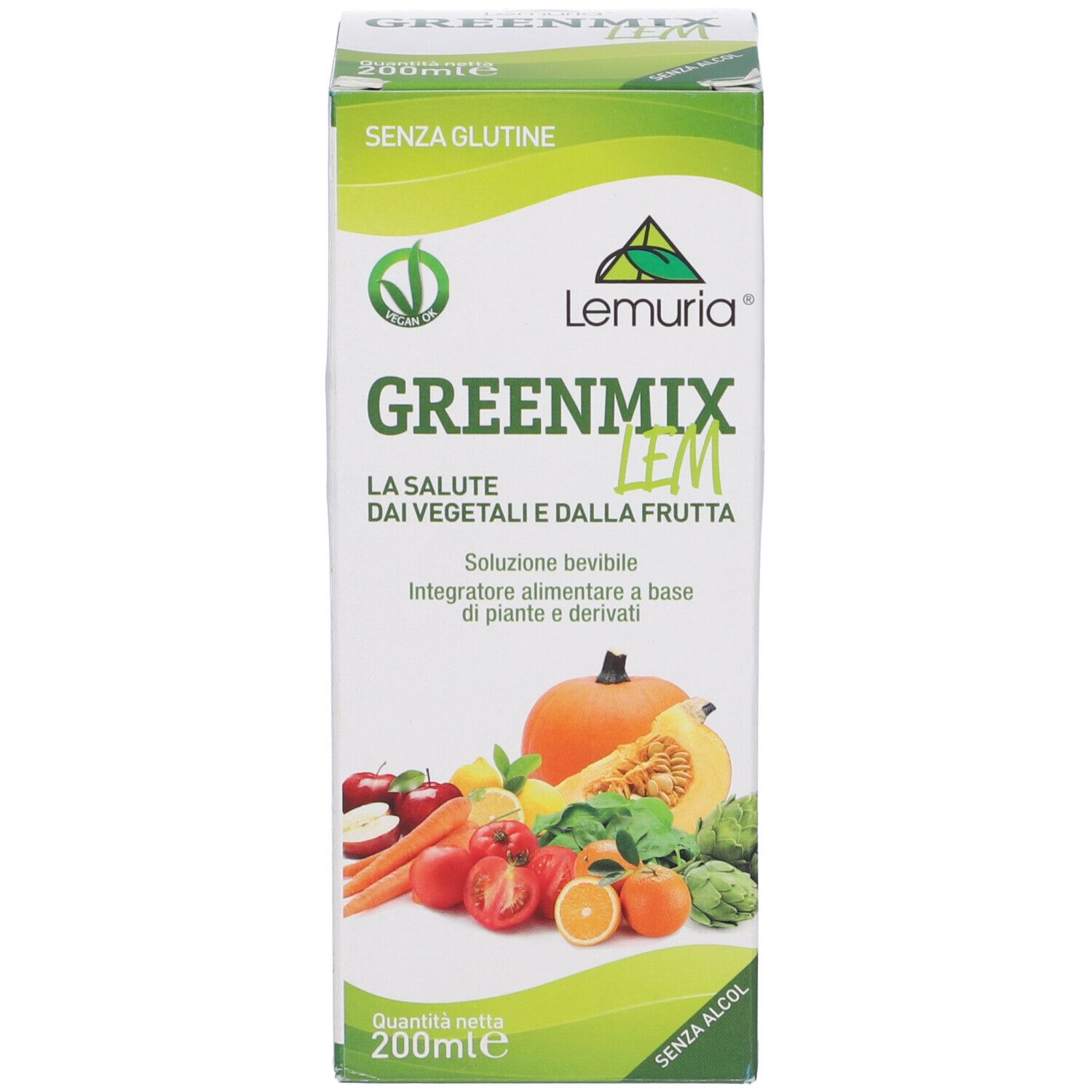 Scatola di Greenmixlem. Scritte: Senza glutine, verdure e frutta, 200ml. Con illustrazione di verdure e frutta.