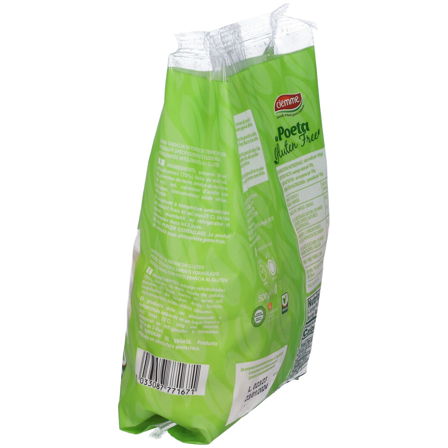 Vista laterale della confezione di Il Poeta Gluten Free Chicche di patate. Confezione verde con informazioni prodotto e codice a barre. 500g.