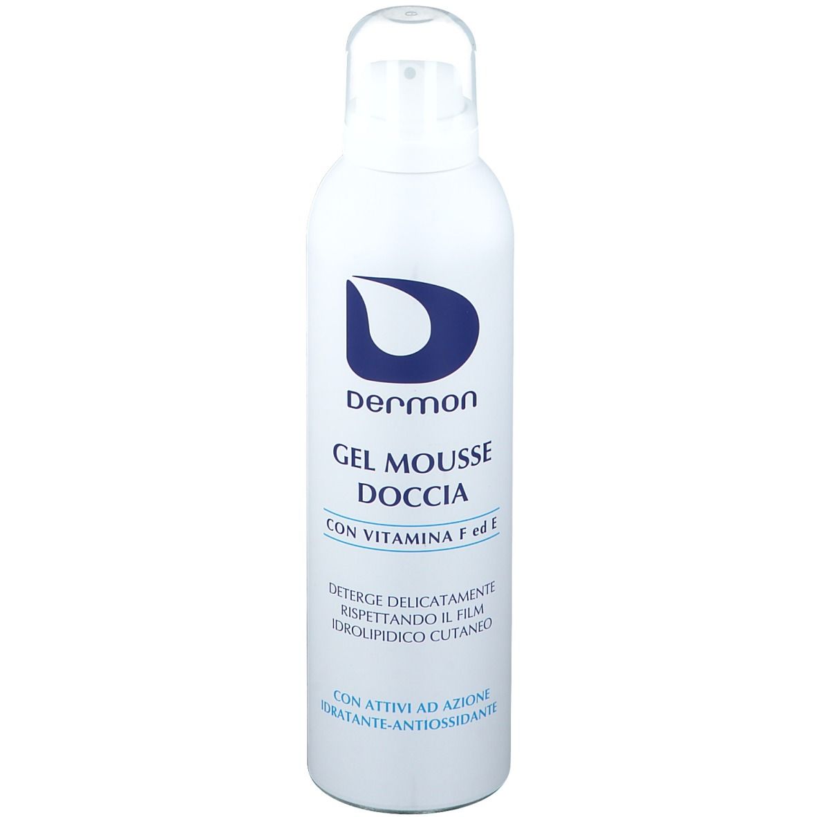 Flacone bianco con logo e testo blu. Nome prodotto: Gel Mousse Doccia. Contiene vitamina F ed E. Dermatologicamente testato.