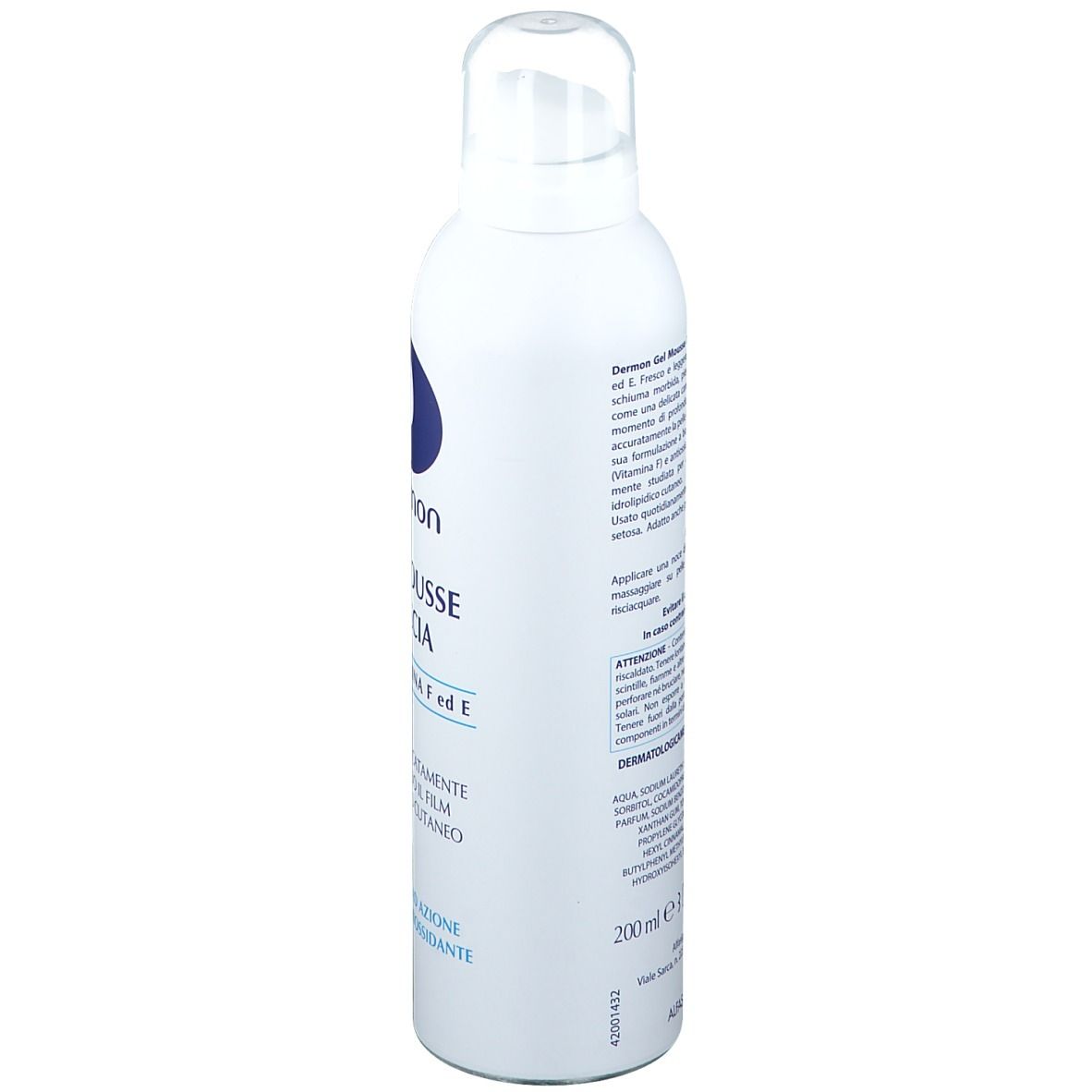 Flacone bianco con logo e testo blu. Nome prodotto: Gel Mousse Doccia. Contiene vitamina F ed E. Dermatologicamente testato.