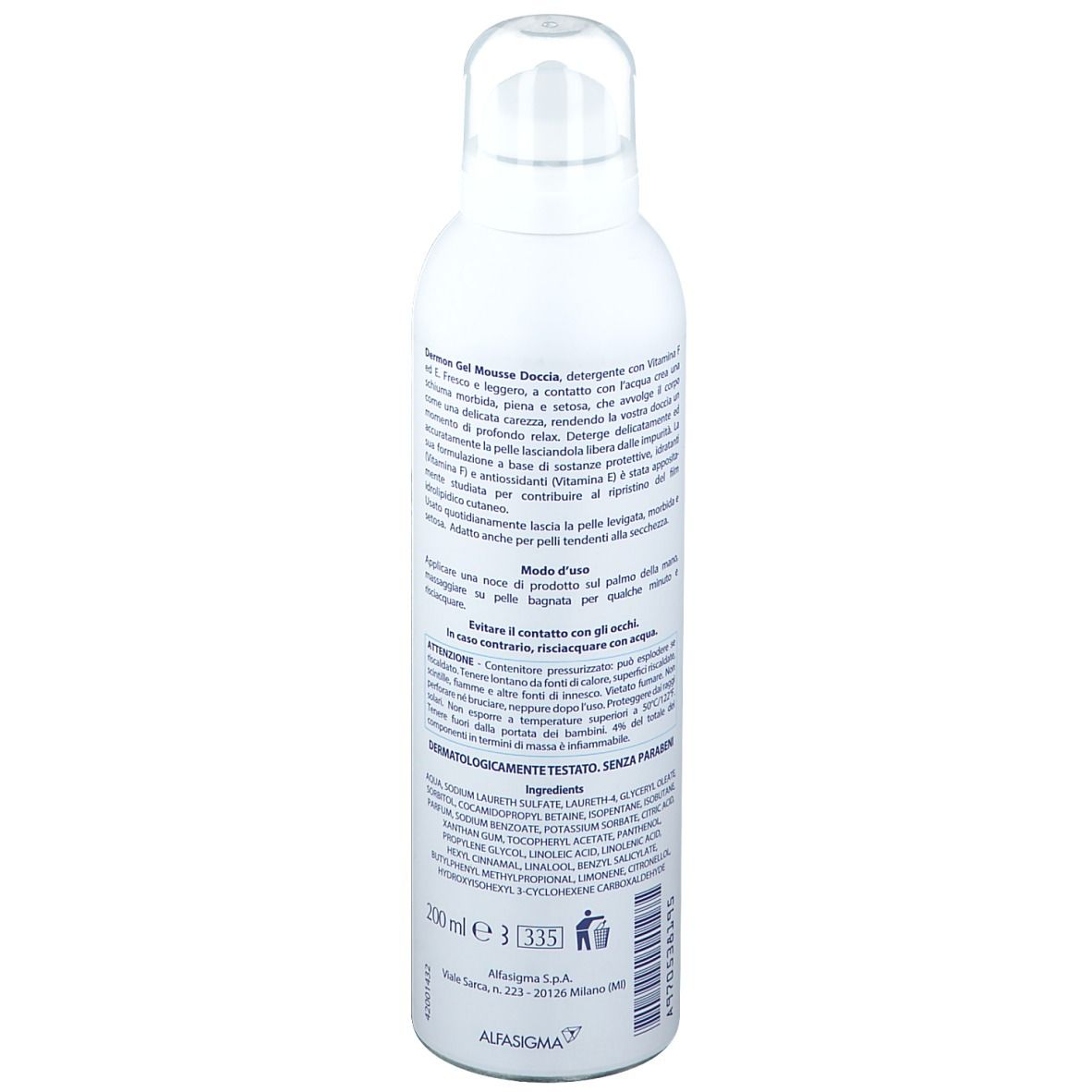 Flacone bianco con logo e testo blu. Nome prodotto: Gel Mousse Doccia. Contiene vitamina F ed E. Dermatologicamente testato. Retro.