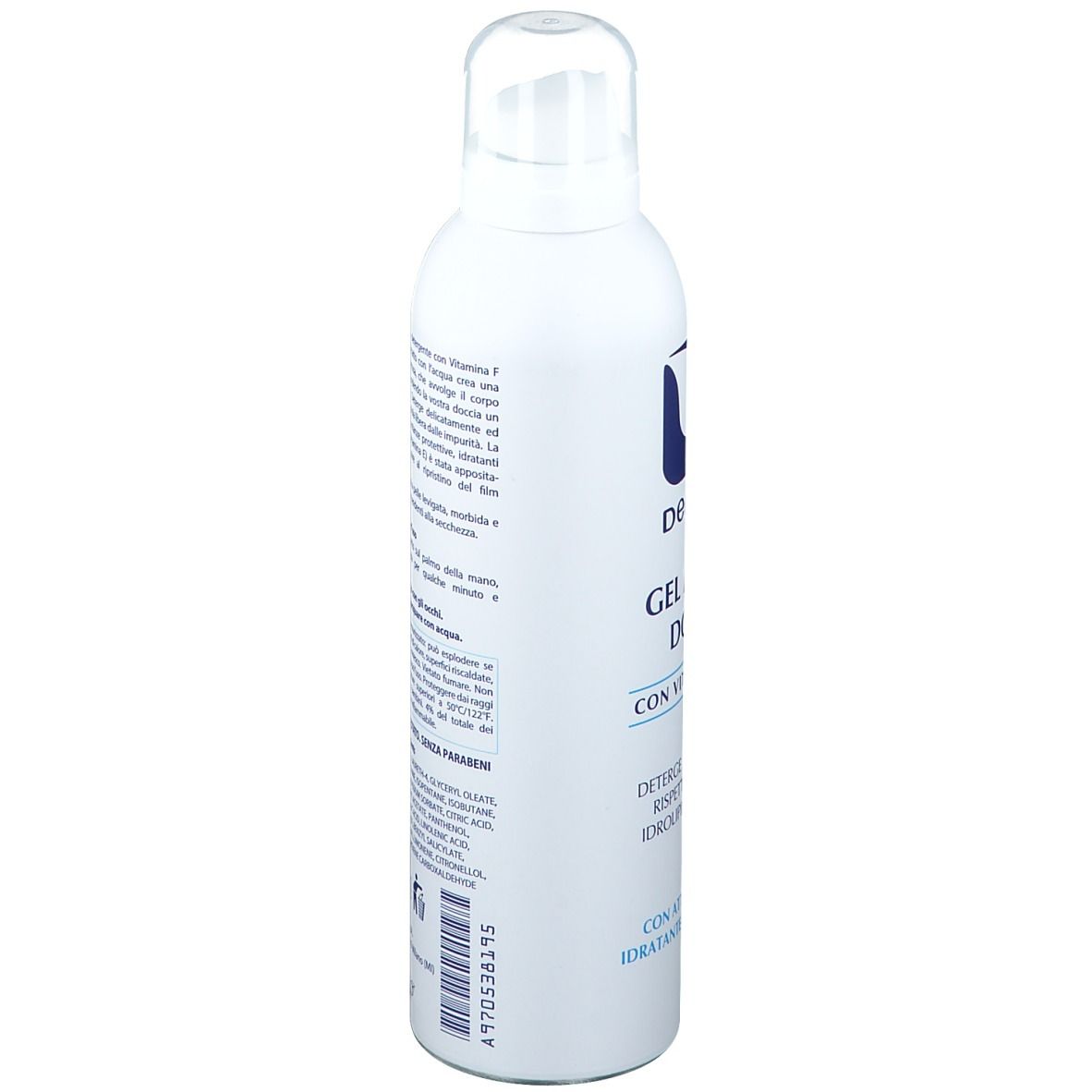 Flacone bianco con logo e testo blu. Nome prodotto: Gel Mousse Doccia. Contiene vitamina F ed E. Dermatologicamente testato. Lato.