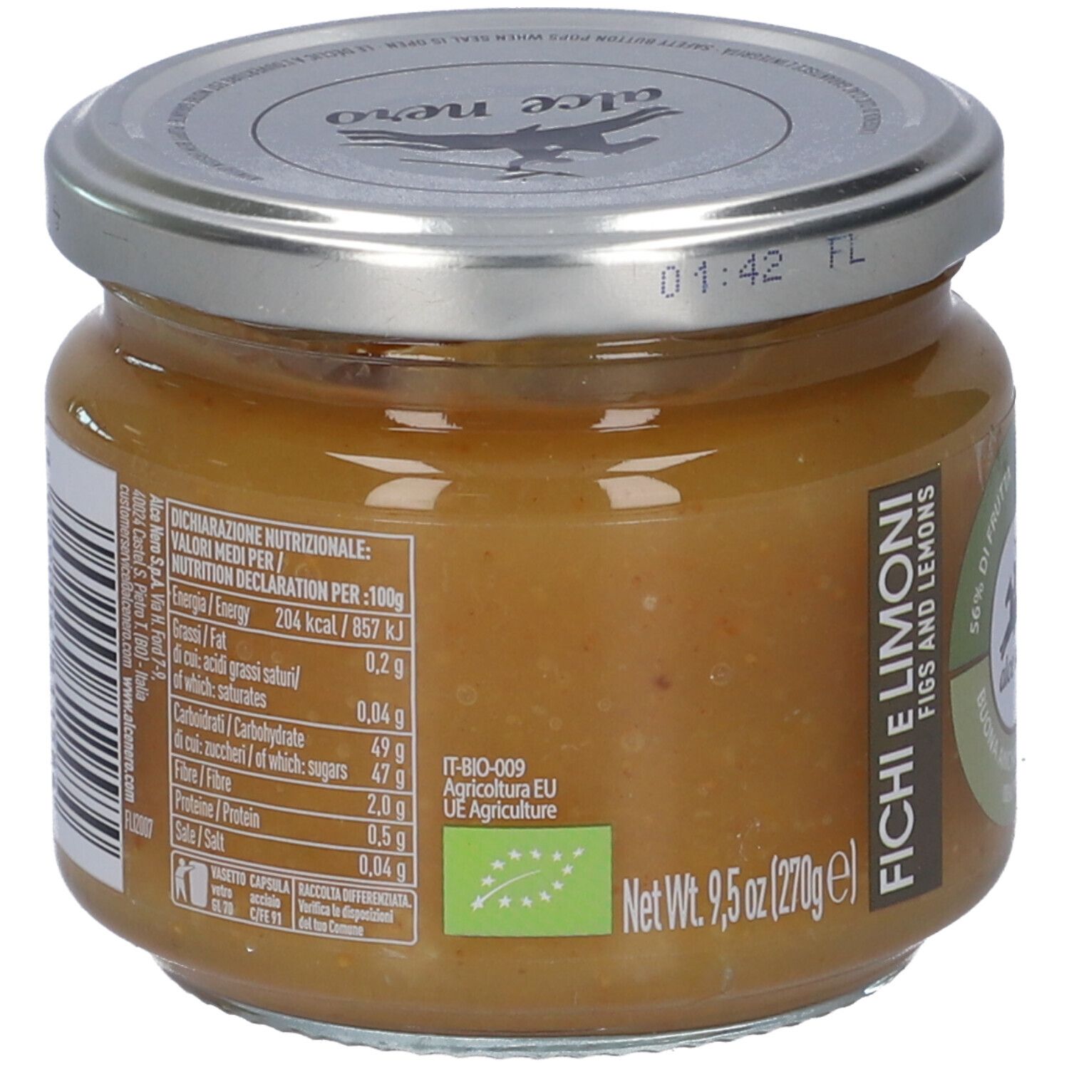 Barattolo di vetro con marmellata di fichi e limoni, etichetta con valori nutrizionali e marchio biologico.