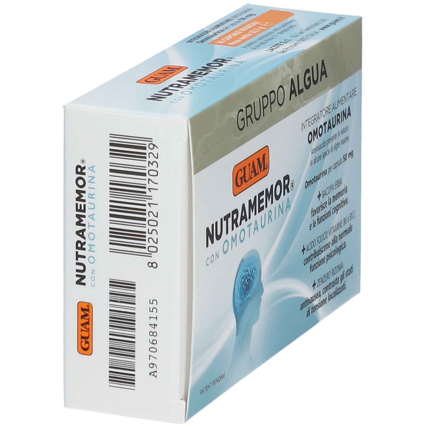 Scatola GUAM Nutramemor, angolata. Scatola bianca con nome del prodotto e codice a barre. Testo in italiano.