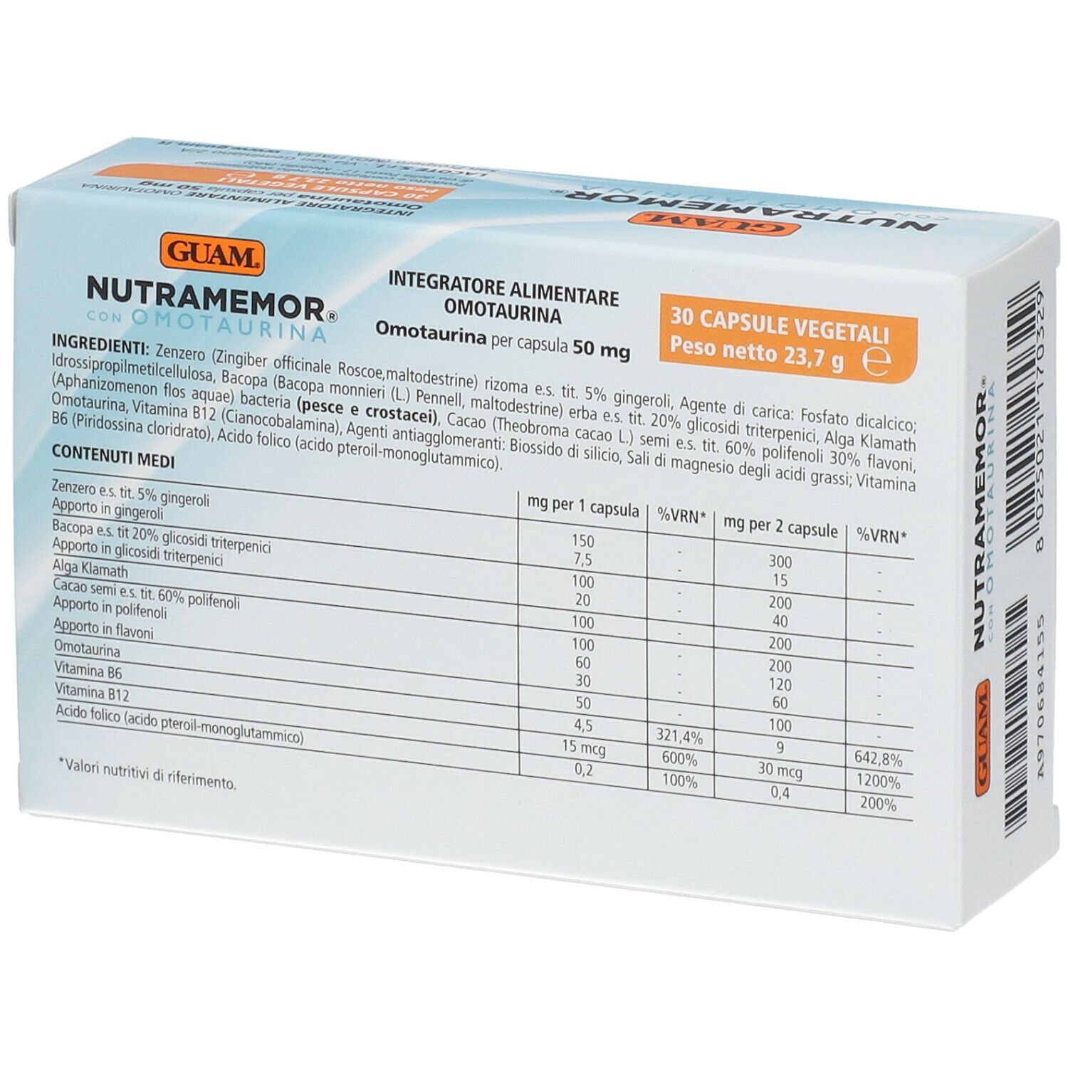 Scatola GUAM Nutramemor, retro. Scatola bianca con informazioni sul prodotto e tabella nutrizionale. Testo in italiano.