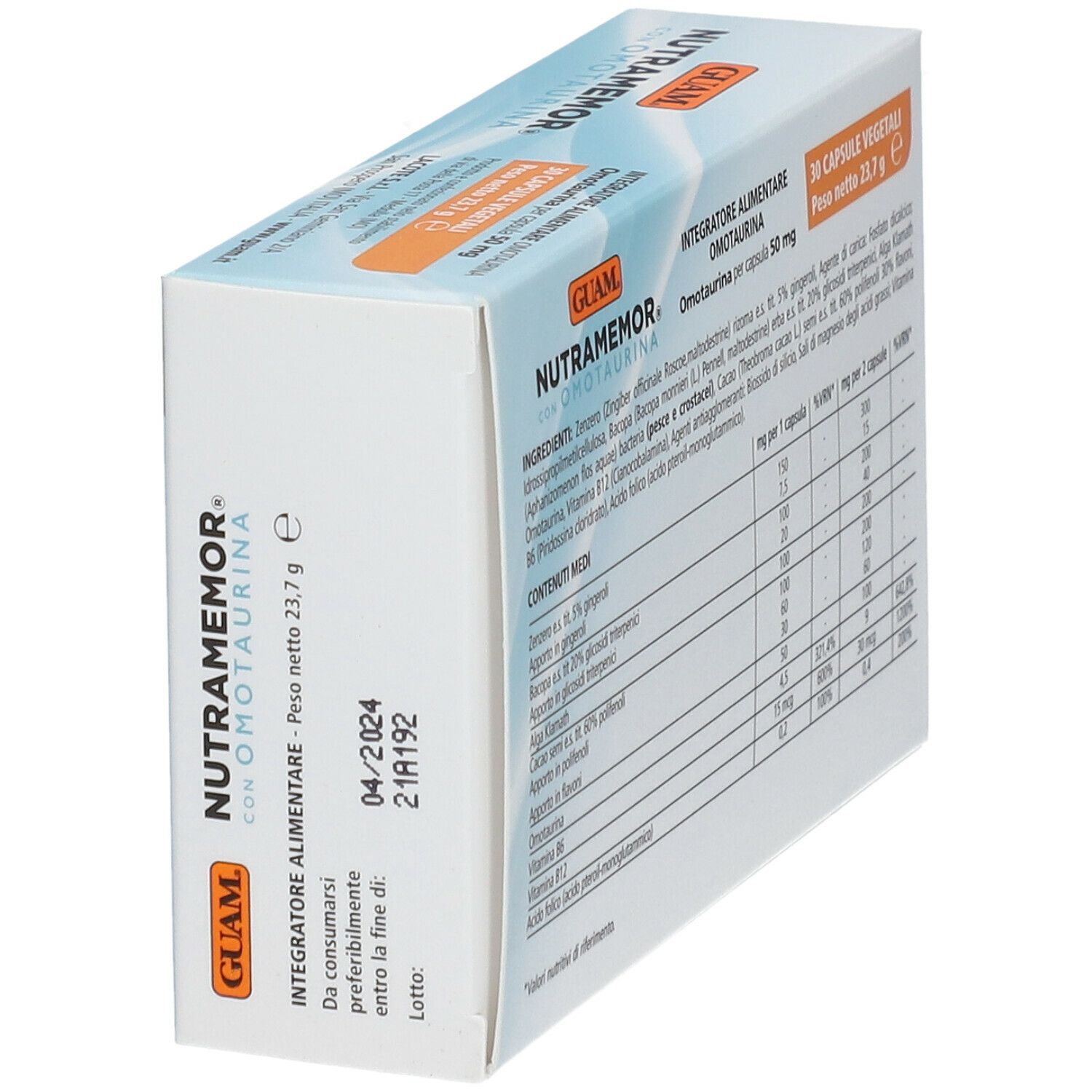 Scatola GUAM Nutramemor, angolata. Scatola bianca con informazioni sul prodotto e data di scadenza. Testo in italiano.