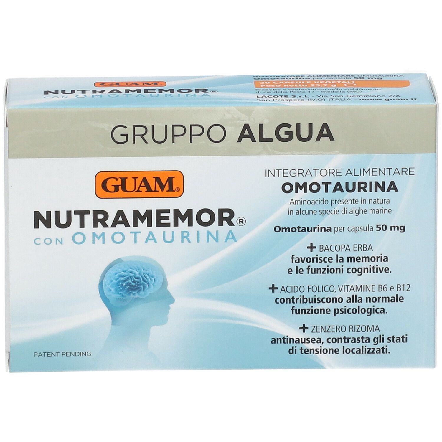 Scatola GUAM Nutramemor. Confezione bianca e blu con nome del prodotto e illustrazione del cervello. Testo in italiano.