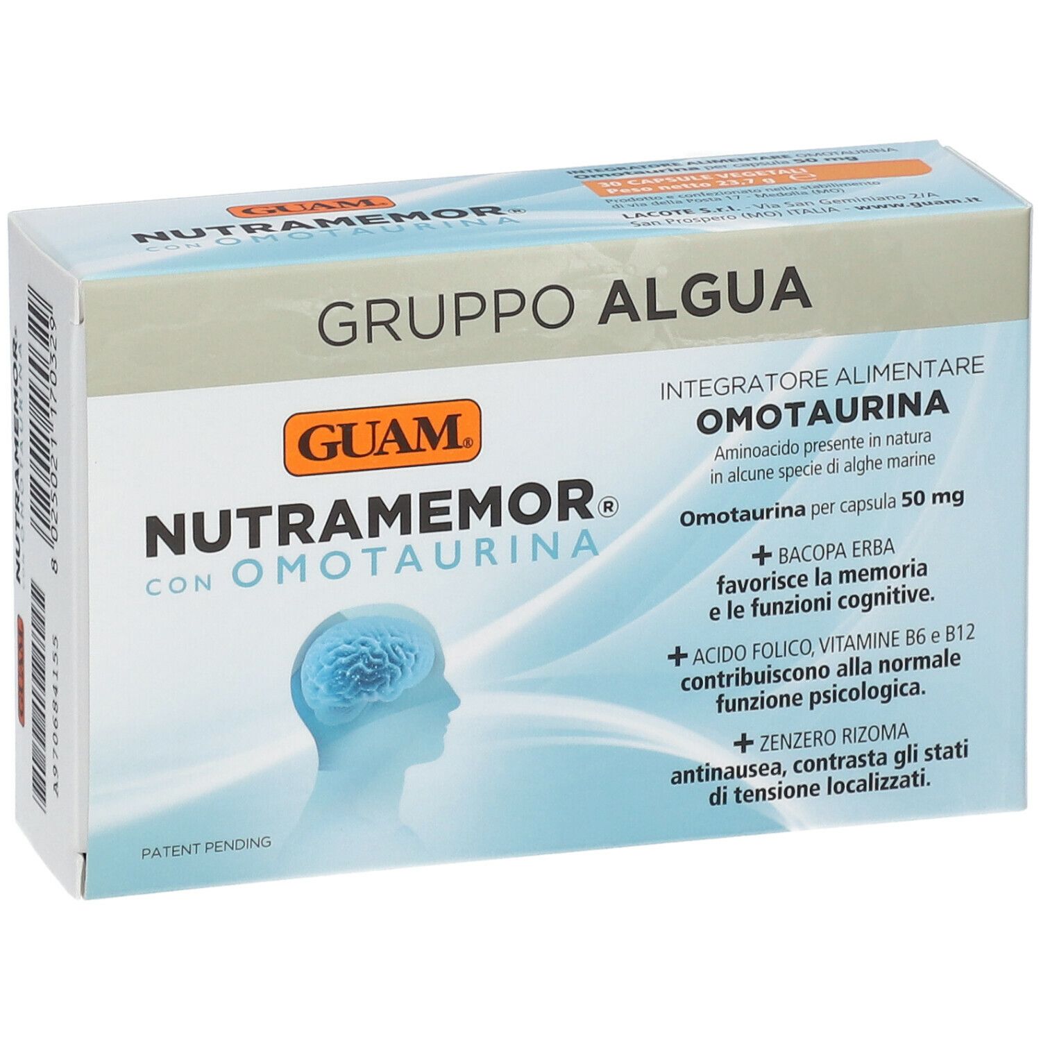 Scatola GUAM Nutramemor. Confezione bianca e blu con nome del prodotto e illustrazione del cervello. Testo in italiano.