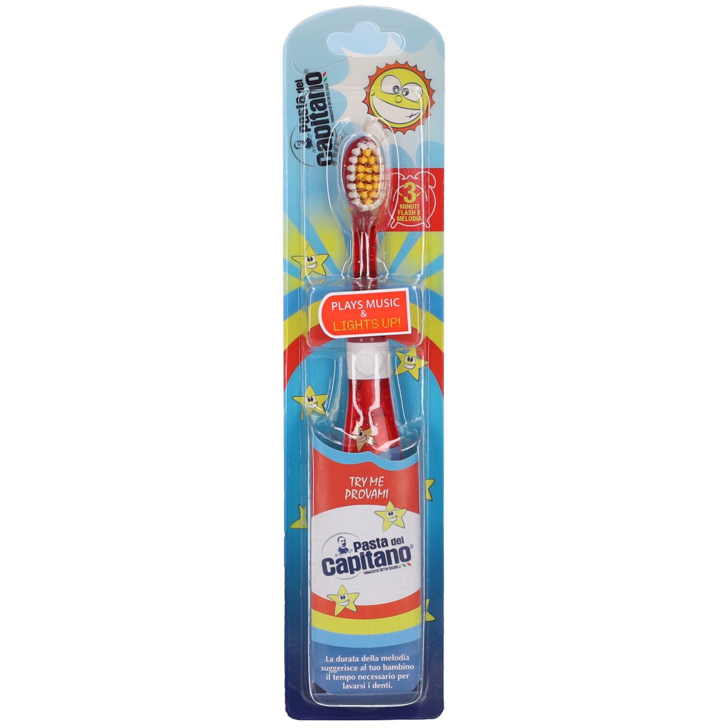 Spazzolino in confezione blister. Testina rossa, scritte e illustrazioni. 'Plays music lights on'.