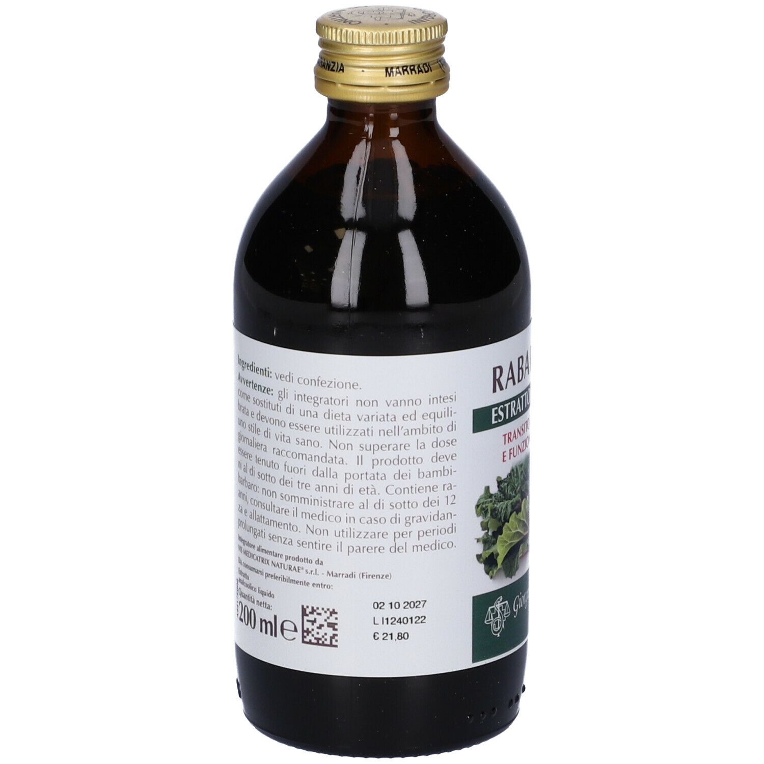 Bottiglia di vetro marrone con etichetta bianca. Scritta: Rabarbaro Estratto Integrale. Etichetta con ingredienti e avvertenze.