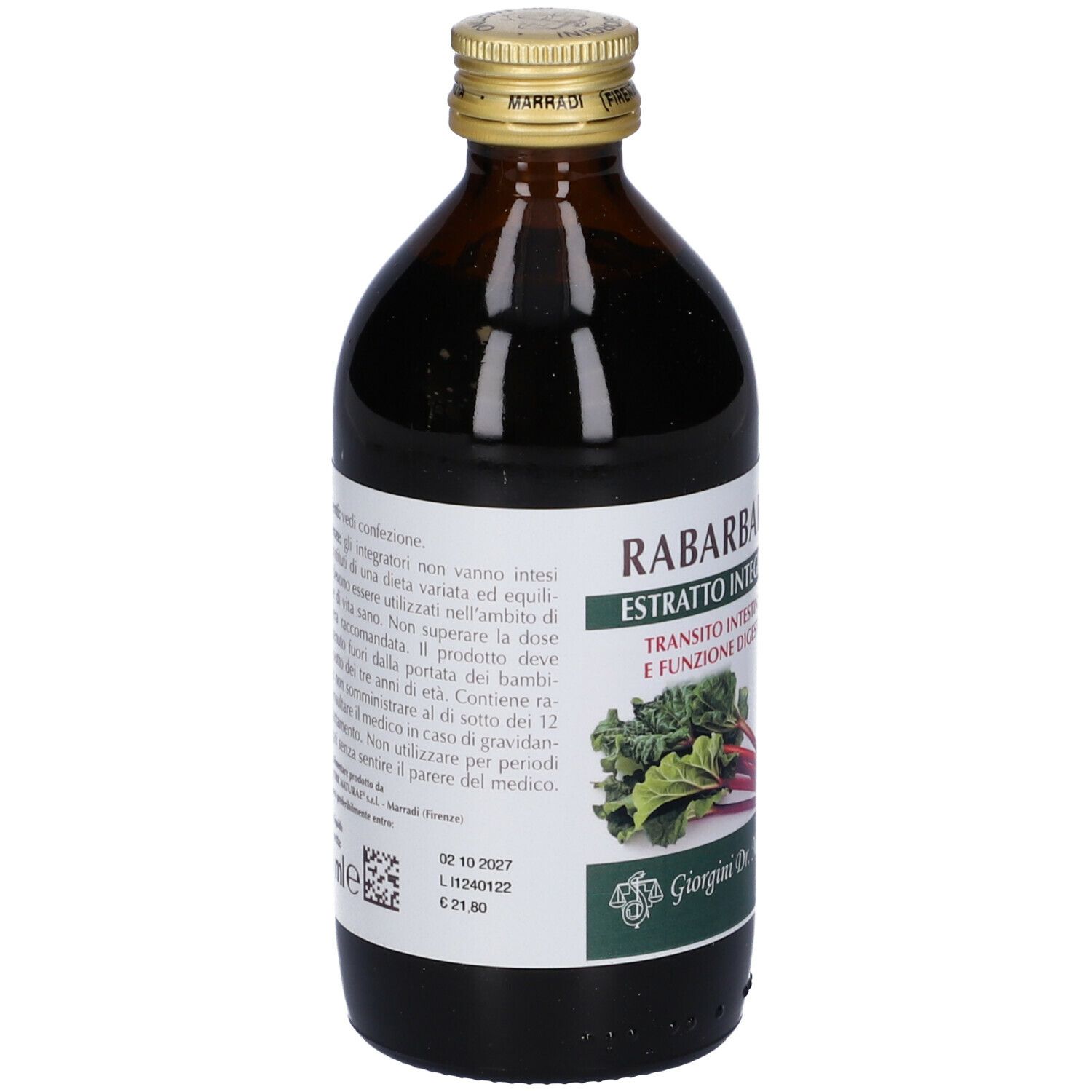 Bottiglia di vetro marrone con etichetta bianca. Scritta: Rabarbaro Estratto Integrale. Etichetta con avvertenze e ingredienti.