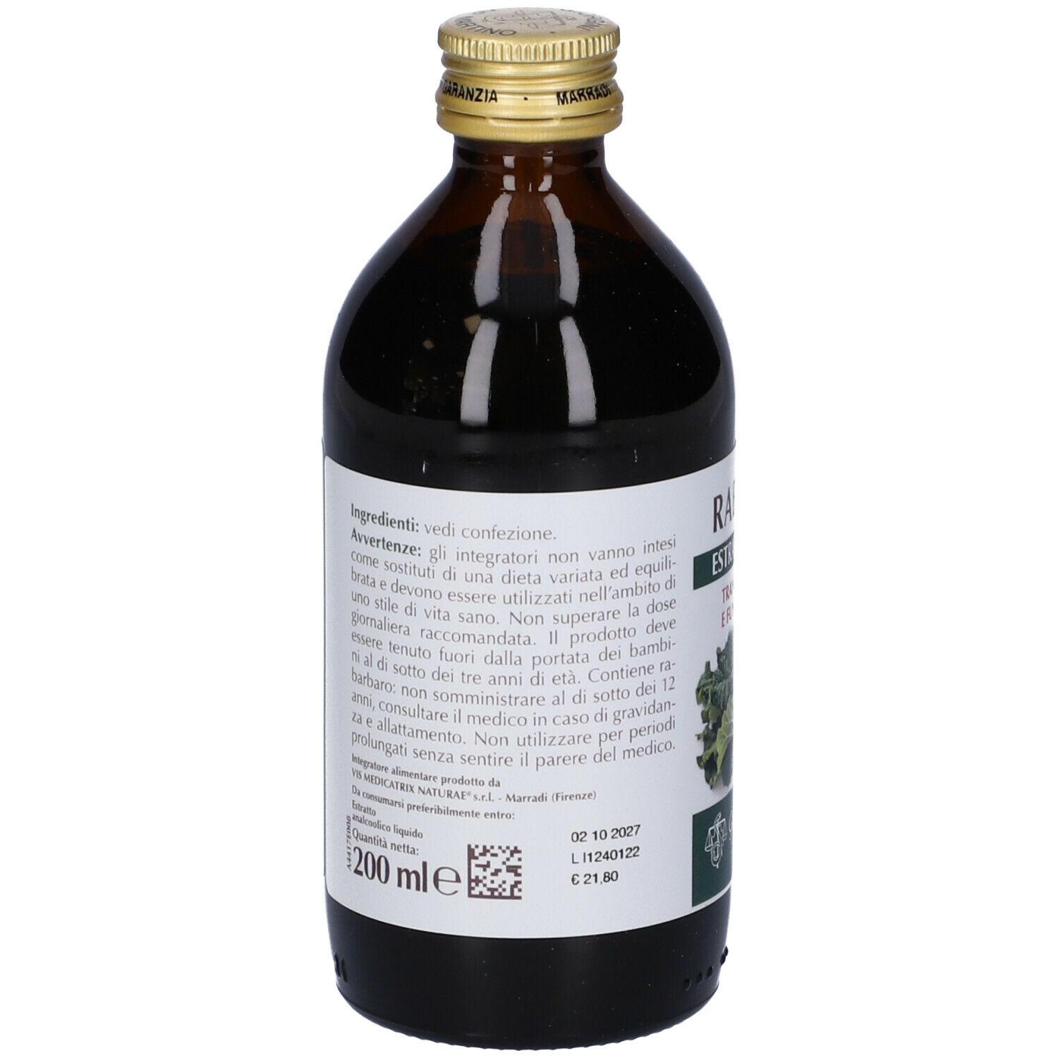 Bottiglia di vetro marrone con etichetta bianca. Scritta: Rabarbaro Estratto Integrale. Etichetta con ingredienti e avvertenze.