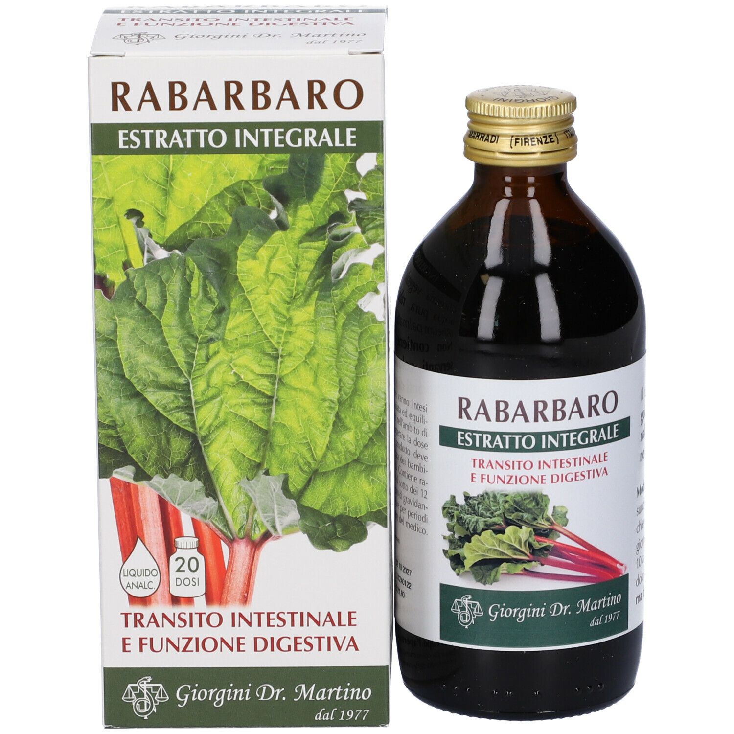 Bottiglia di vetro marrone e scatola. Scritta: Rabarbaro Estratto Integrale. Scatola con foglie e informazioni sul prodotto.