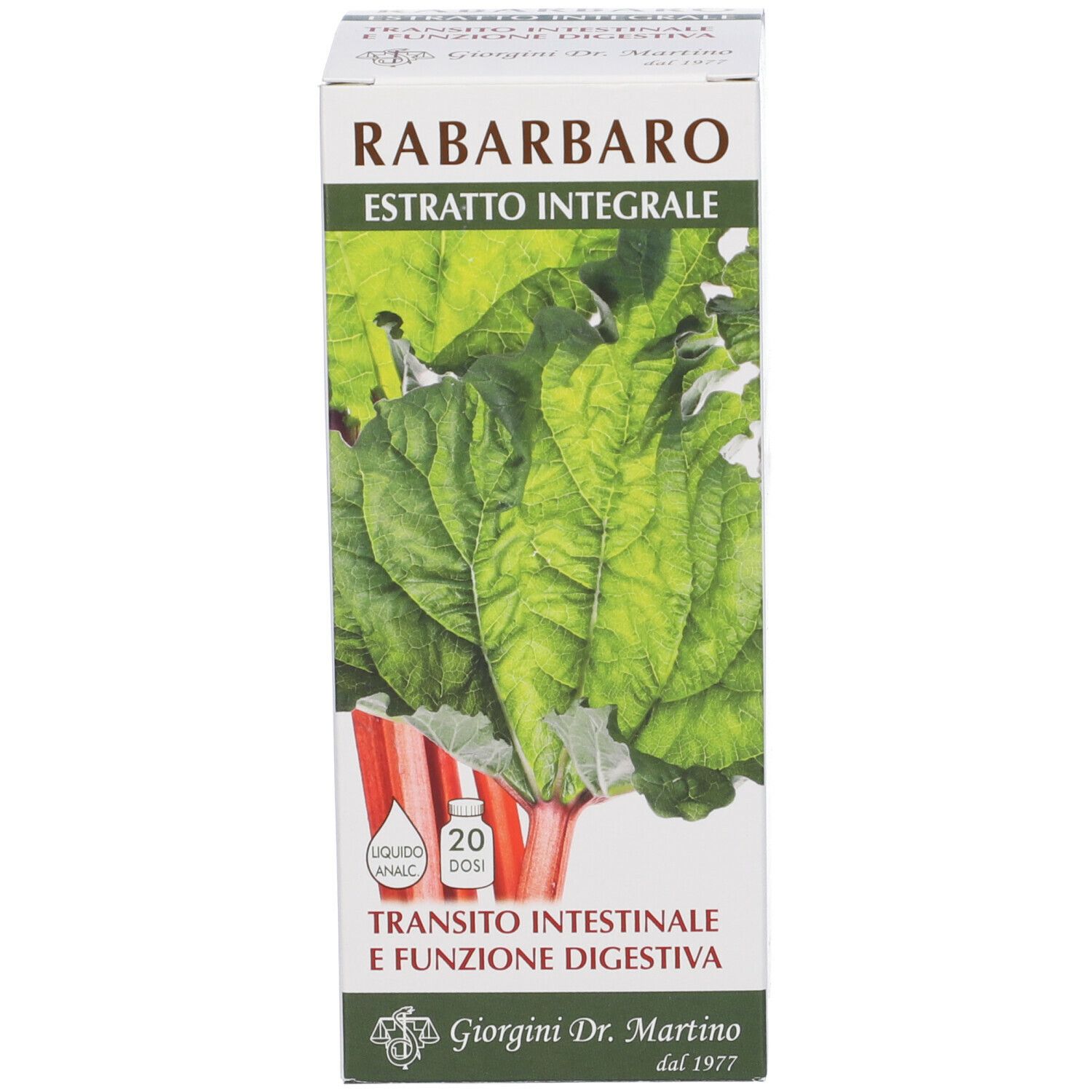 Scatola verde e bianca. Scritta: Rabarbaro Estratto Integrale. Immagine di foglie e informazioni sul prodotto.