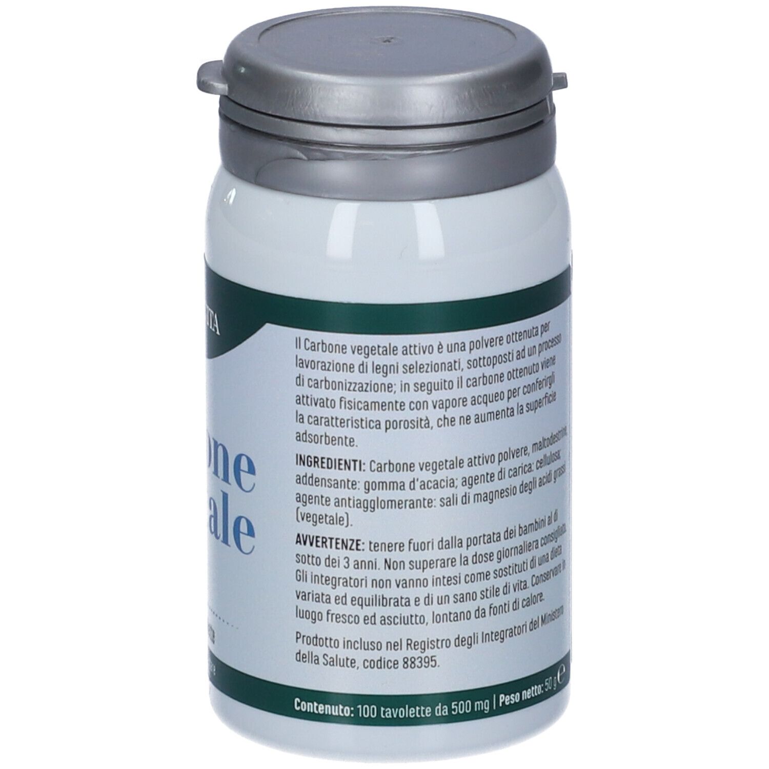 Flacone di capsule di carbone vegetale attivo, 100 capsule da 500mg.