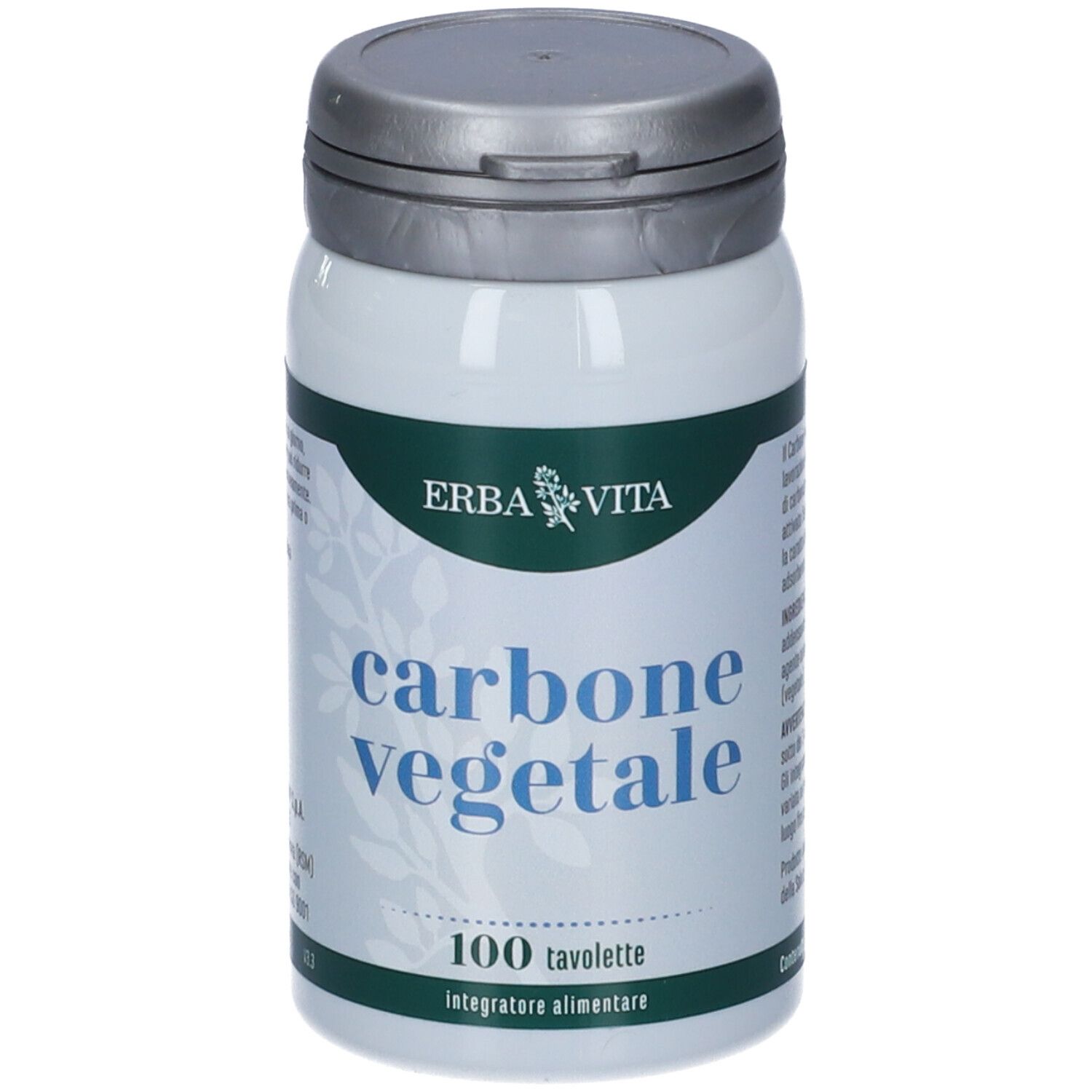 Erba Vita Carbone Vegetale 100 tavolette, integratore alimentare in un contenitore bianco.